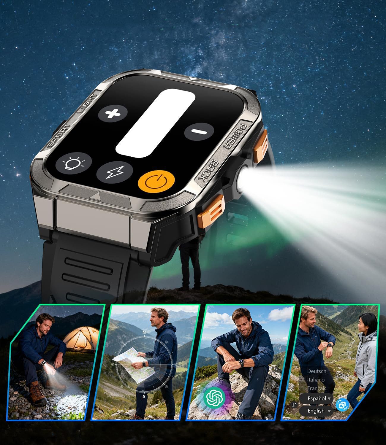 IOWODO Smartwatch Herren W80 Pro–GPS,Kompass 2.0,900mAh Akku,Bluetooth Anrufe Smartwatch Set, mit Wechselband aus weichemSilikon und Ladekabel, 15 Tage Akku,LED-Taschenlampe,SOS,IP68,Für Outdoor&Abenteuer,2 Armband