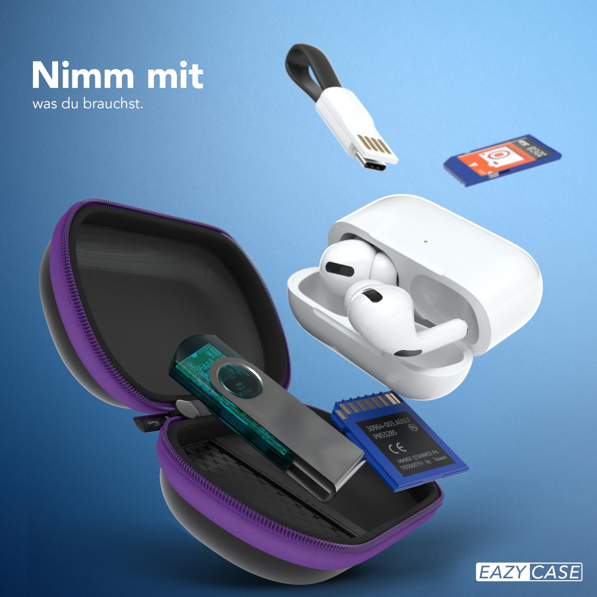 EAZY CASE Kopfhörer-Schutzhülle Universal Tasche für In-Ear Kopfhörer mit Netzfach, Box Kratzschutz Kopfhörer Reißverschluss und Netzfach klein oval Lila