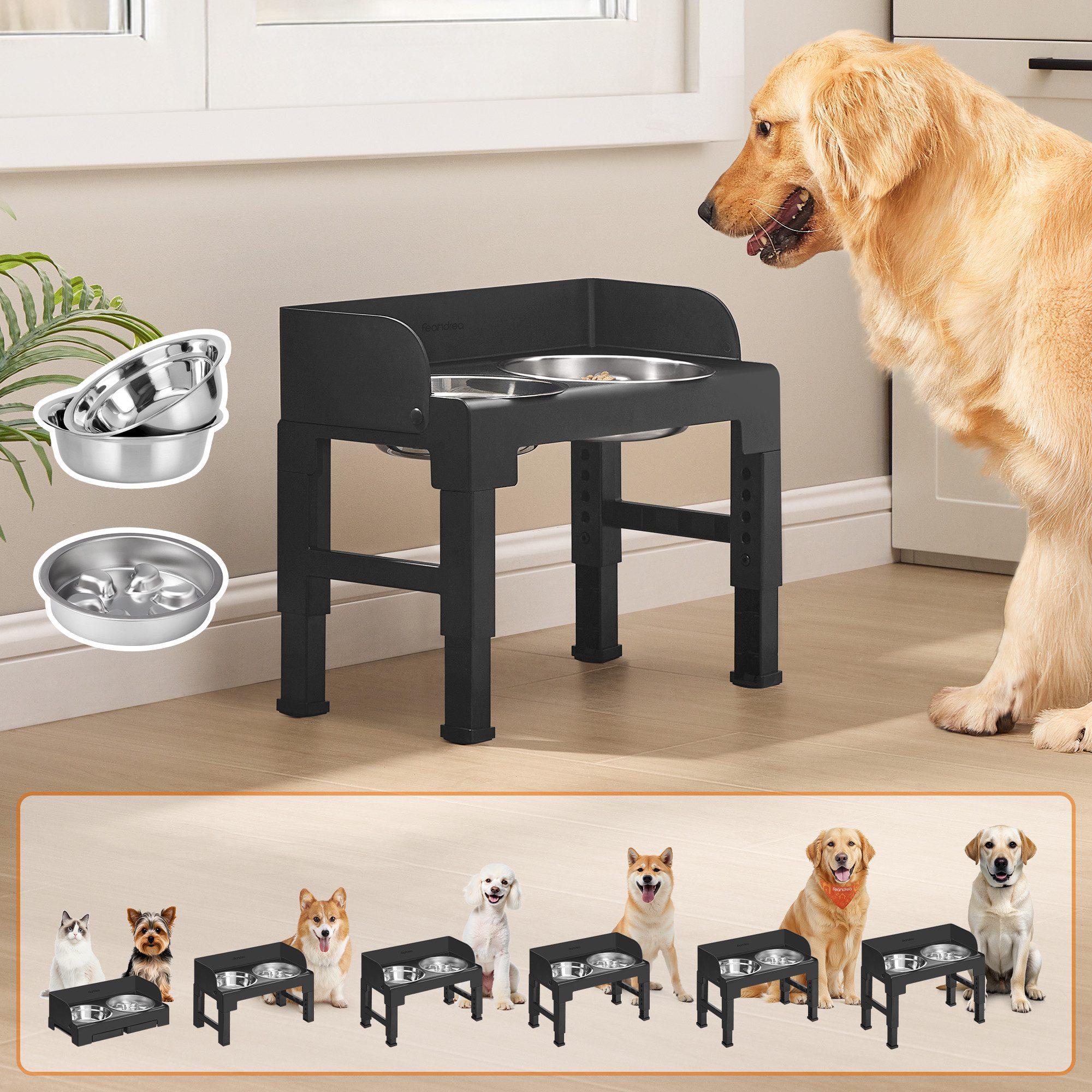 FEANDREA Napf-Set Erhöhter Hundenapf, Höhenverstellbare Hunde Futterstation, Edelstahl, Edelstahl Napfset mit Antischlingnapf, 42,5 x 24 x 36,5 cm, Schwarz