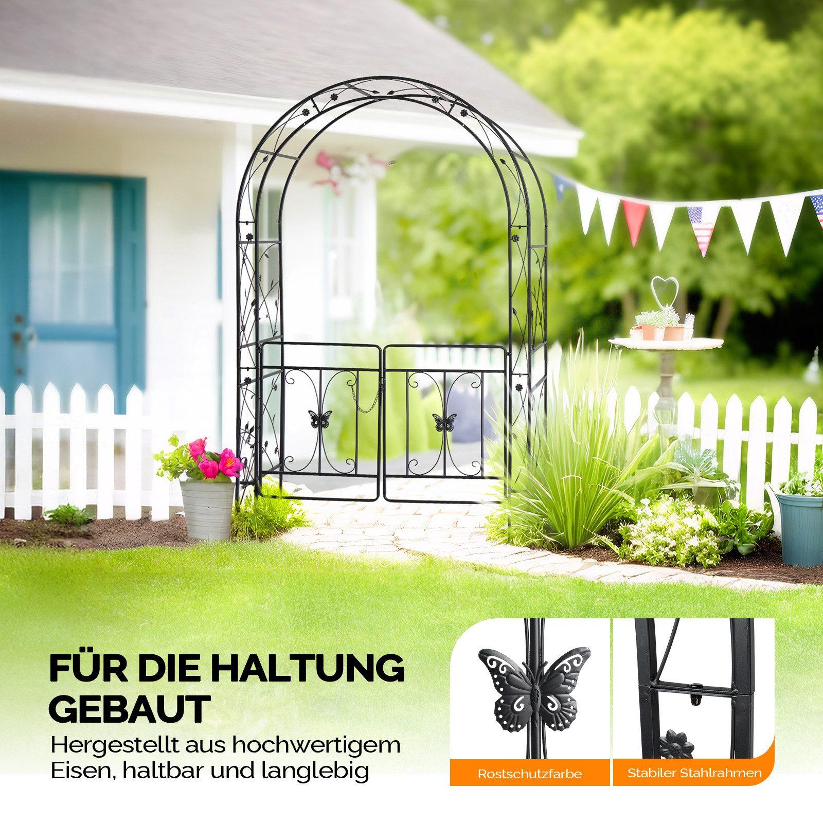 LALAHO Rosenbogen Gartenbogen aus Eisen mit Tür 134 X 58 x213cm, Gartenlaube, Hochzeitsbogen, Stabiler Rankbogen für Kletterpflanzen – Bild 4 von 5