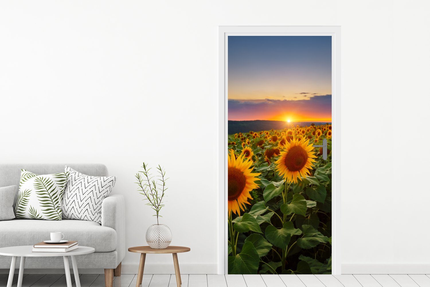 MuchoWow Türtapete Blumen - Nacht Tür, - Sonnenblume - St), Türaufkleber, Matt, bedruckt, cm Fototapete - Horizont, (1 75x205 für Sonnenuntergang