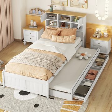 NMonet Massivholzbett Kinderbett (Inklusive mehreren Staufächern am Kopfende des Bettes), mit Ausgestattet ausziehbares Rollbett, 3 Schubladen, 90x200cm