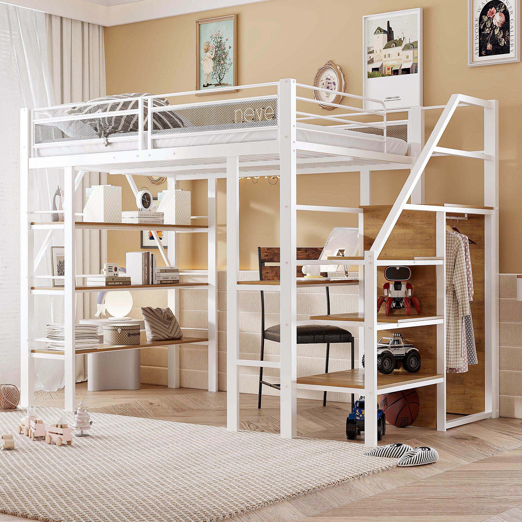 Flieks Hochbett Metallbett 140x200cm mit Schreibtisch Stauraumtreppe Kleide günstig online kaufen
