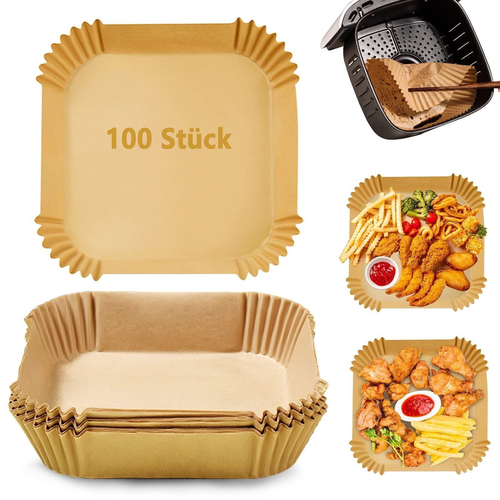 Refined Living Backpapier 100 Stück Backpapier für Heißluftfritteuse, Fritteusen Papier 20x4,5cm, Airfryer Zubehör,BPA-frei,Einweg Antihaft,für Airfryer (5–8 L), Ofen