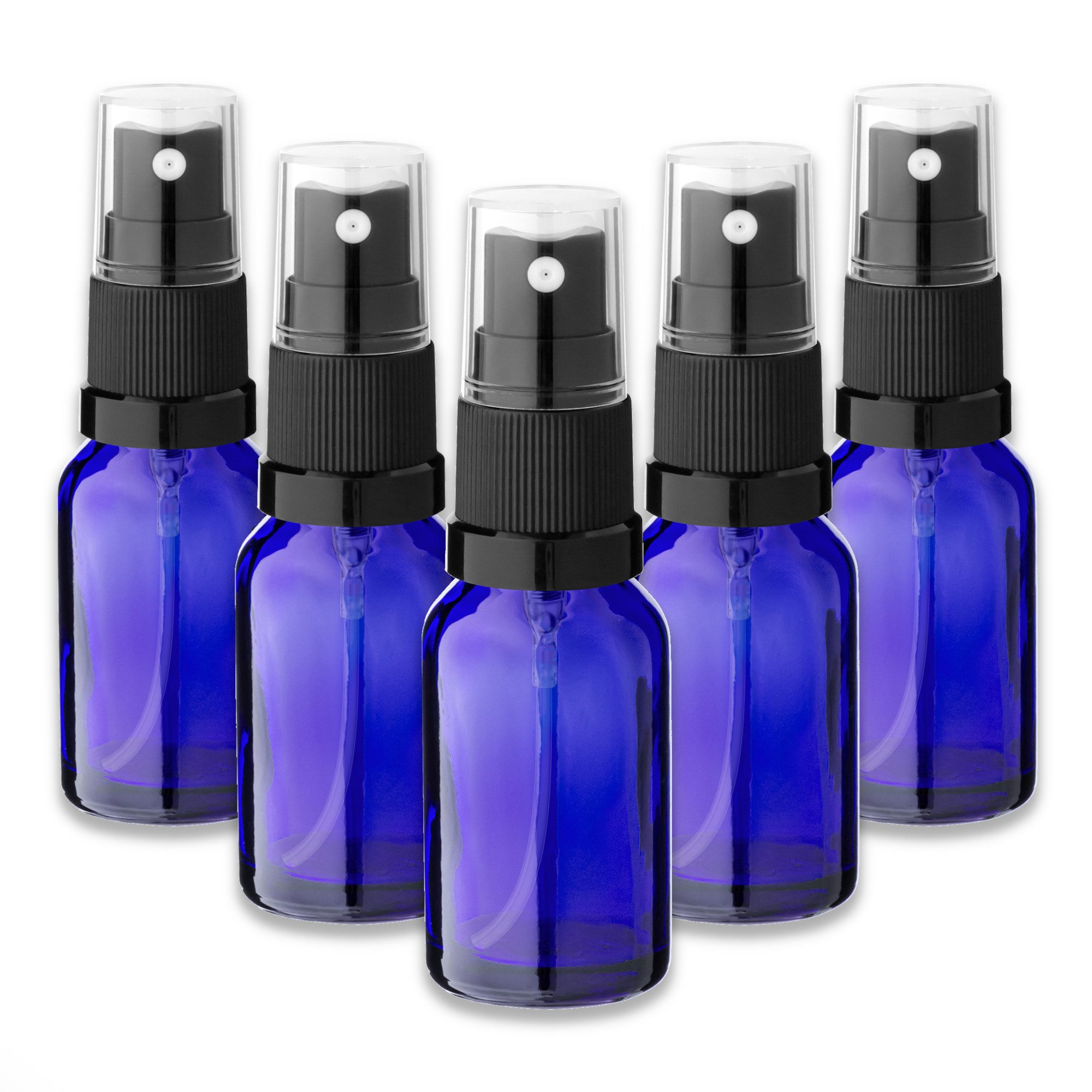 CK Verpackung GmbH Pipettenflasche 5x Blaue Glasflasche 15 ml mit schwarzem Zerstäuber Sprükopf Pumpspray