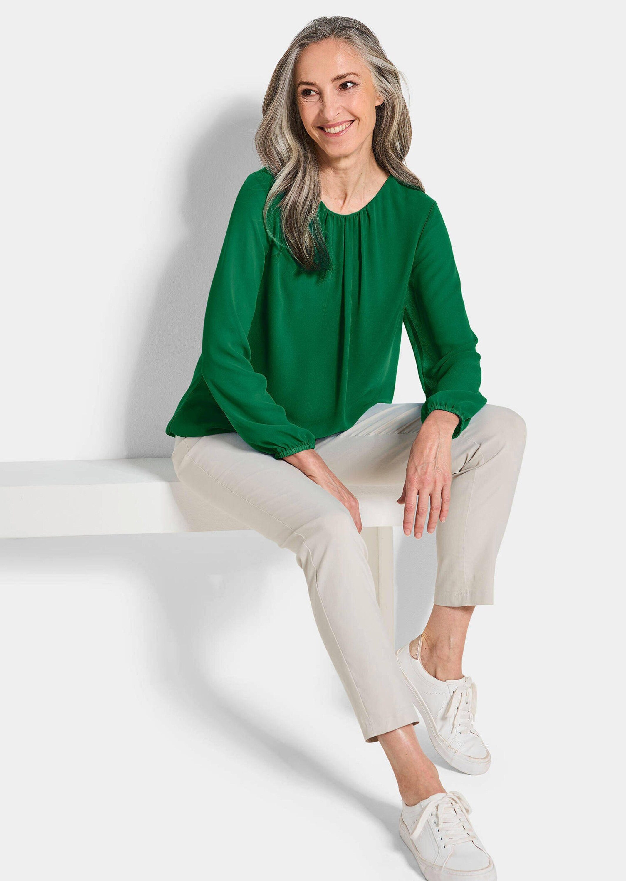GOLDNER Klassische Bluse Jerseybluse mit Falten-Details Blusenshirt mit Rundhals, Gummibündchen und Langarm