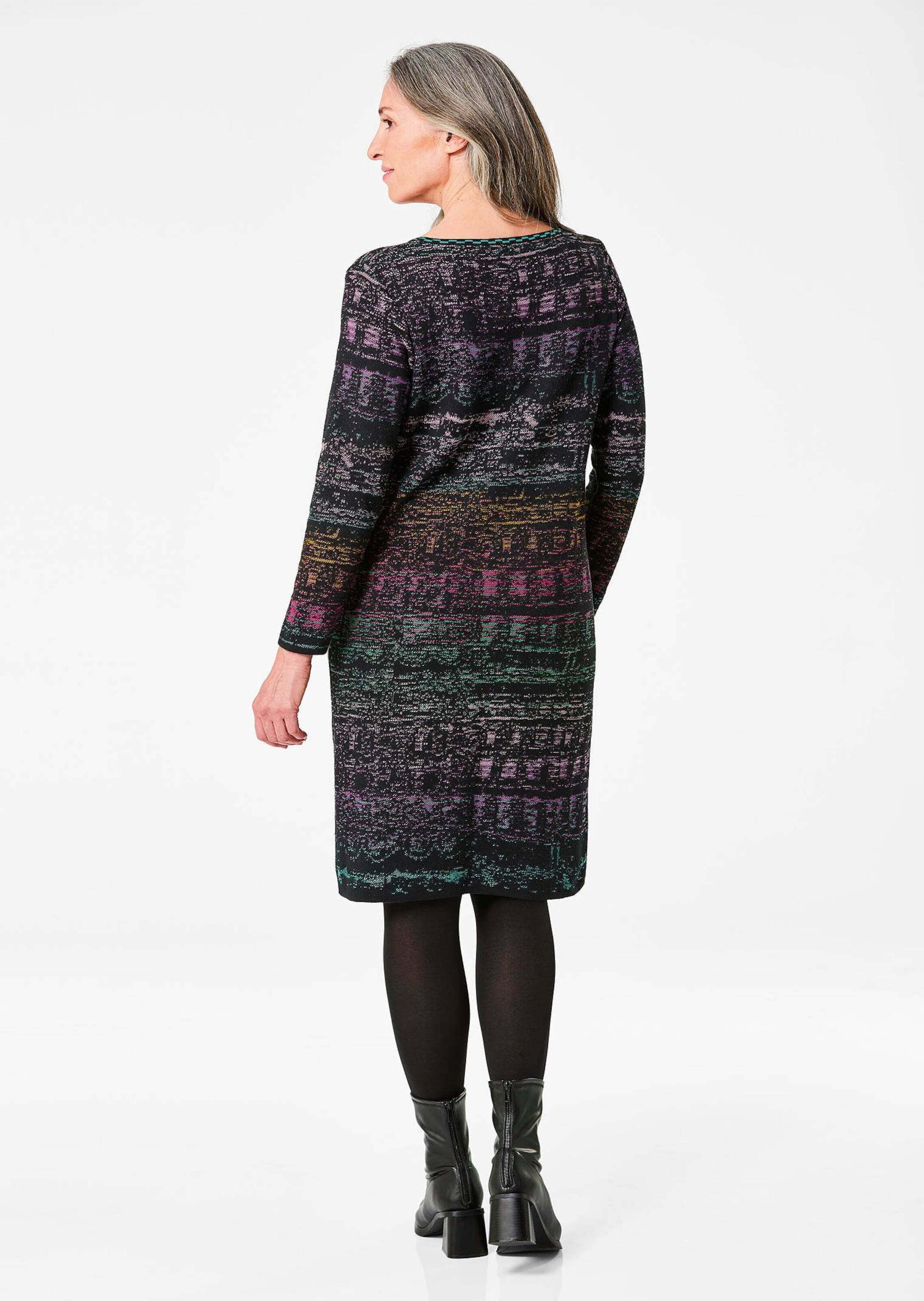 GOLDNER Strickpullover Kurzgröße: Baumwoll-Strickkleid, Rundhals Knieumspielendes Midikleid mit Tubularblende und Langarm