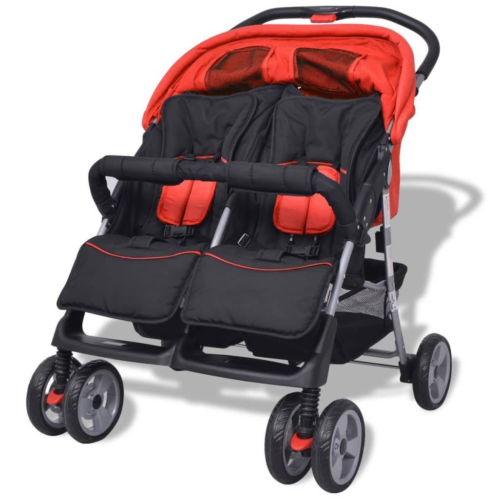 Schwarz Zwillingskinderwagen | Rot und Rot Stahl Rot Kinder-Buggy vidaXL