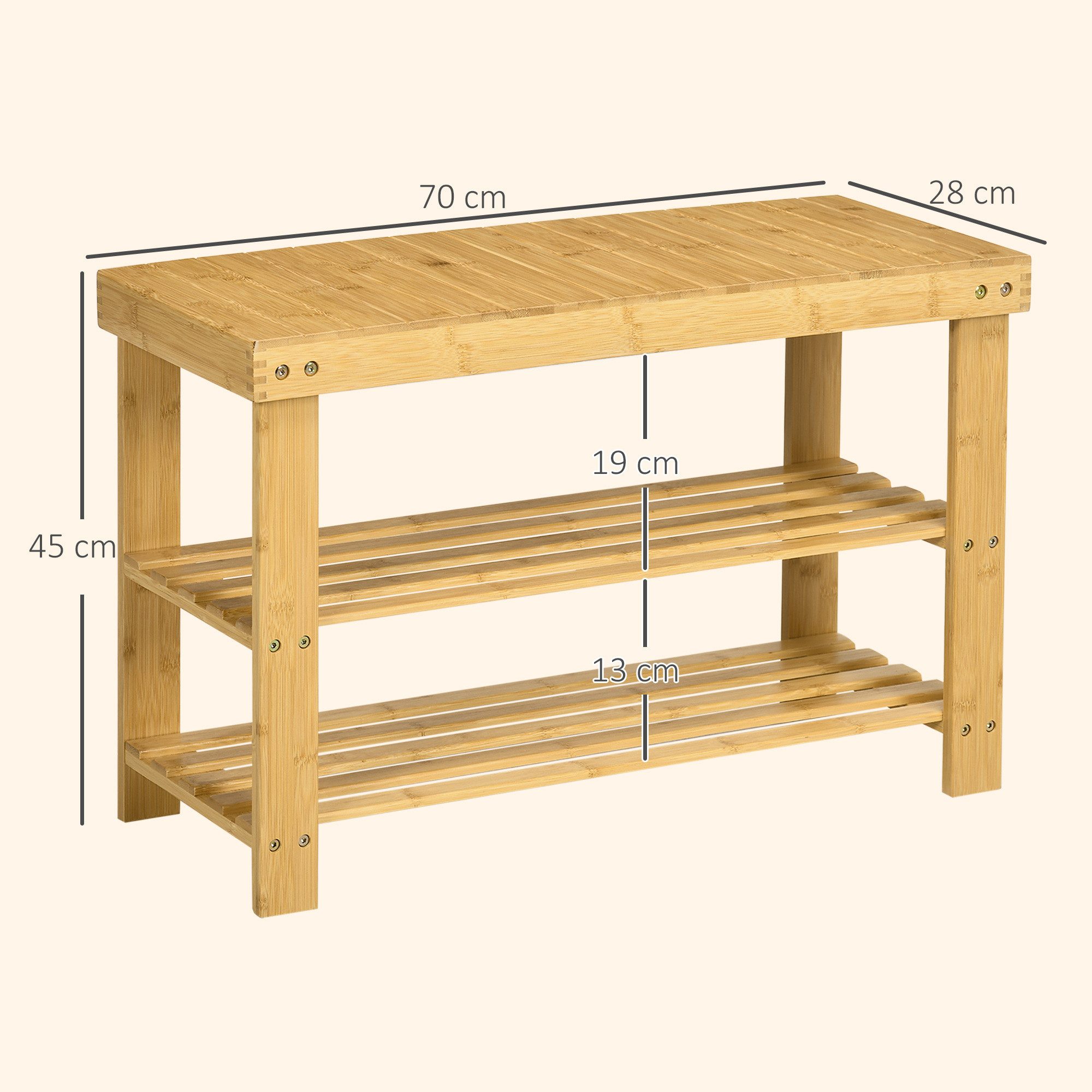 HOMCOM Schuhbank Sitzfläche und Stauraum, 2 Ablagen Flurbank für Wohnzimmer (Schuhregal aus Bambus, 1-St., Sitzbank), für Flur, Eingangsbereich, 70 x 28 x 45 cm – Bild 3 von 5