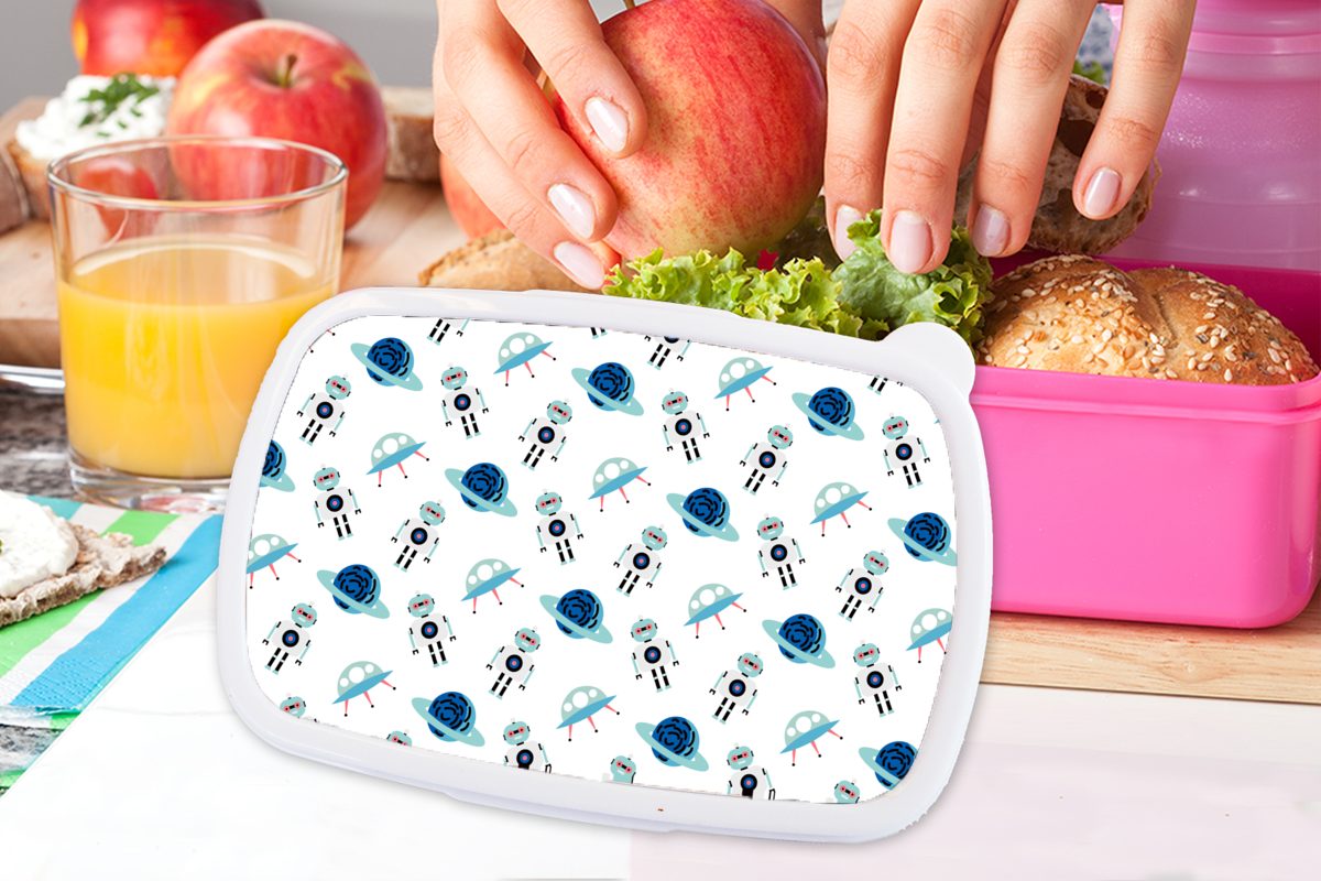 MuchoWow Lunchbox Weltraum - - (2-tlg), Muster, Brotdose Mädchen, Kinder, Kunststoff, Snackbox, Kunststoff Planeten für Erwachsene, - rosa Brotbox Roboter