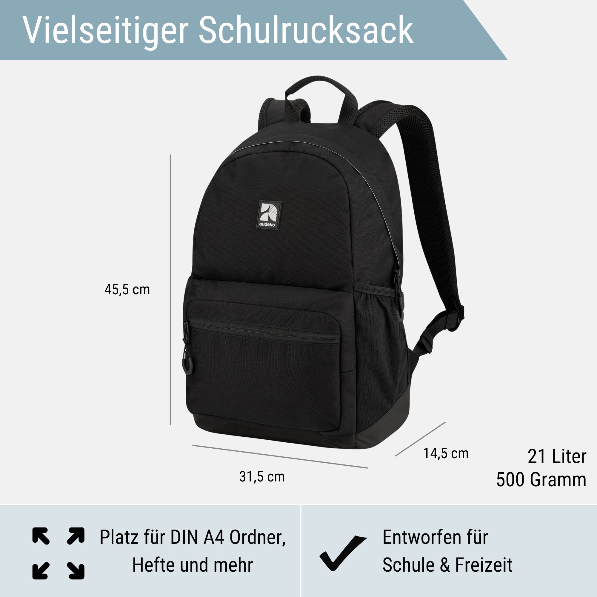 audetic Schulrucksack FLEX Rucksack Schule Schulrucksack Mädchen Jungen, Viele Fächer, Laptopfach, Wasserabweisend