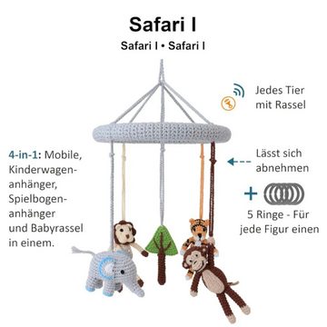 SindiBaba Kuscheltier-Rassel SindiBaba Gehäkeltes Baby-Mobile mit Rasseln Affe Elefant Tiger Löwe, Rasseln