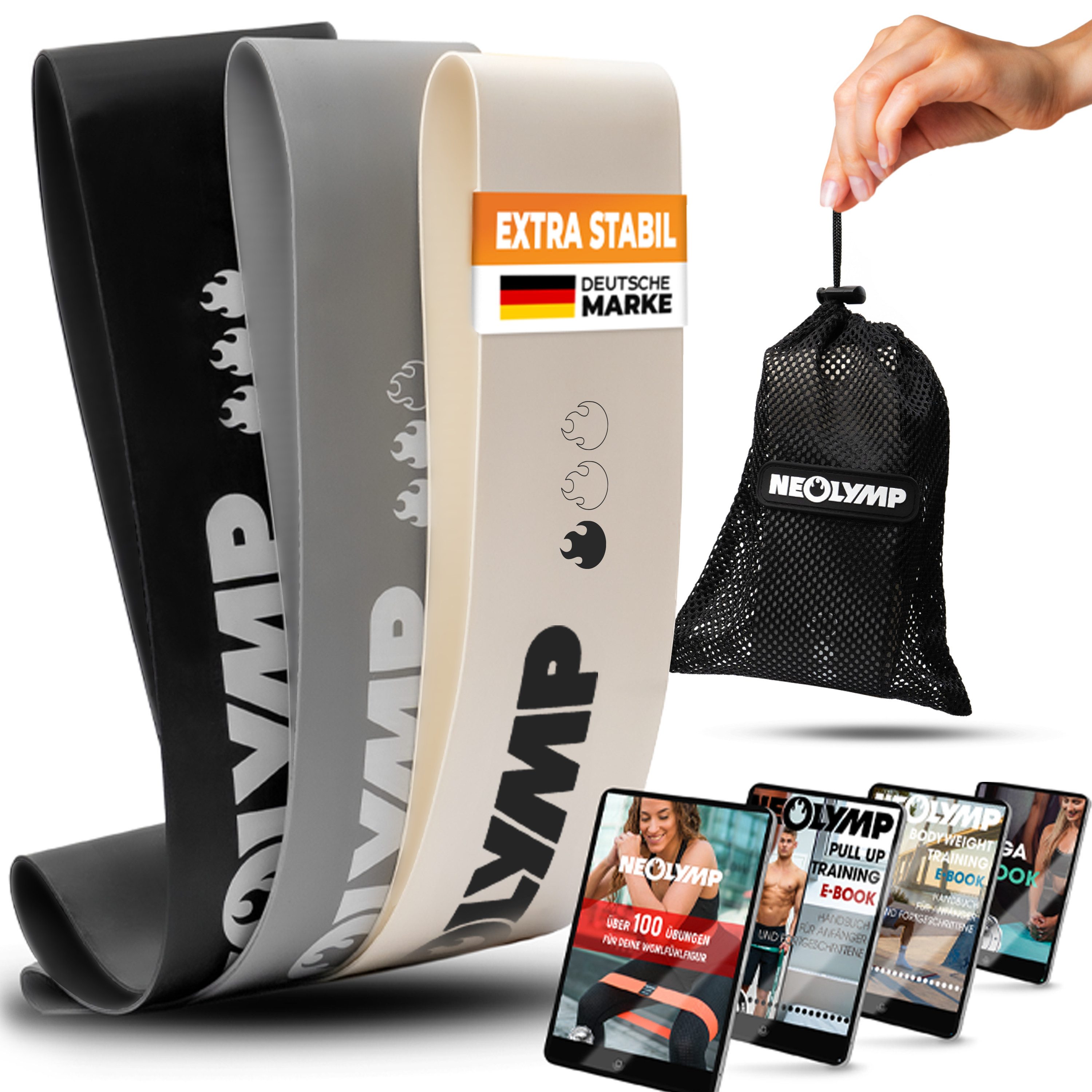 NEOLYMP Trainingsbänder Minibänder Latex 3er Set - Fitnessbänder & Resistance Bands, Rutschfest, mit E-Book, Langlebig, Waschbar, Sanft zur Haut