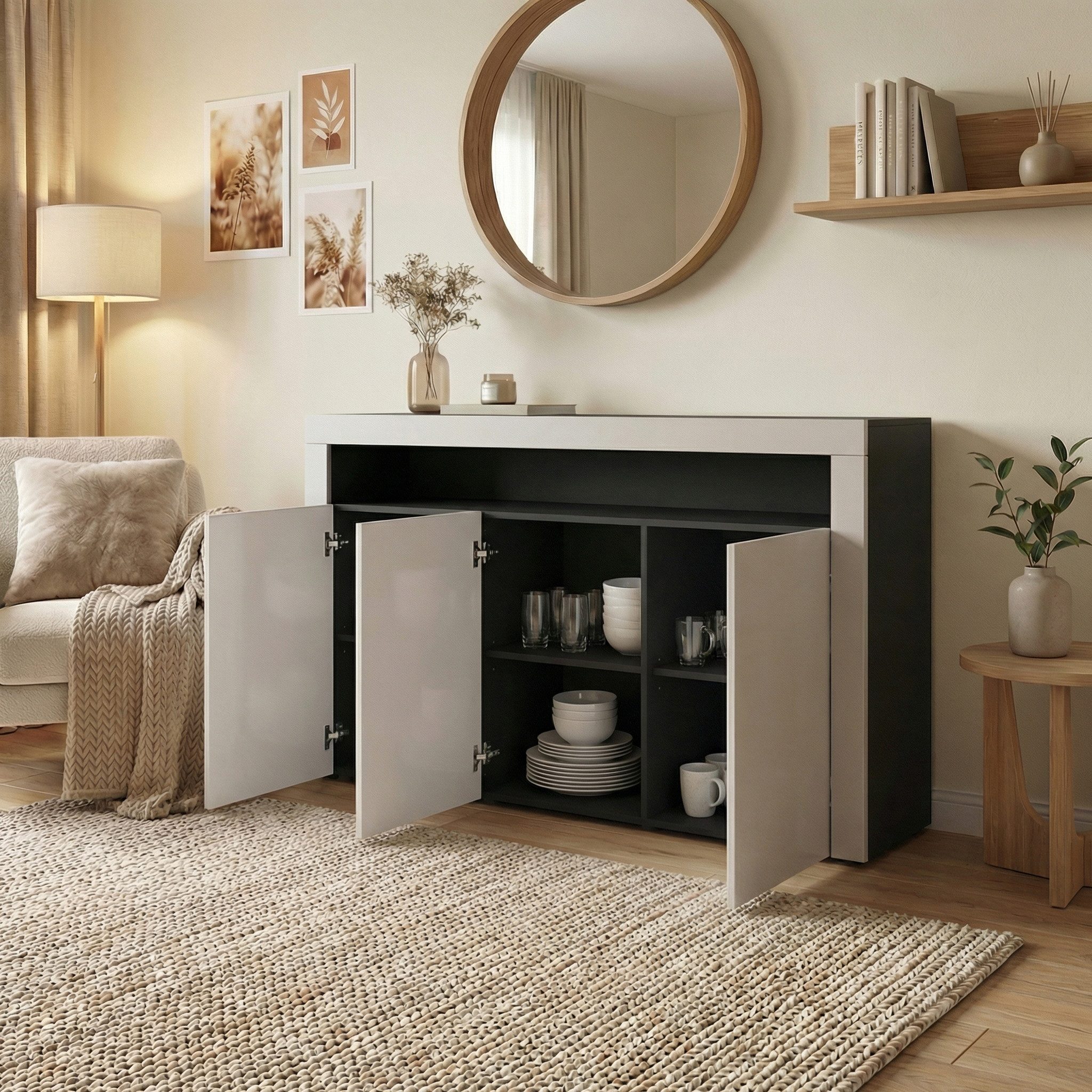 Vladon Sideboard Valencia (Sideboard, mit 3 Türen und 1 offenem Fach), Schwarz matt/Creme Hochglanz/Creme Hochglanz (155 x 92 x 40 cm)