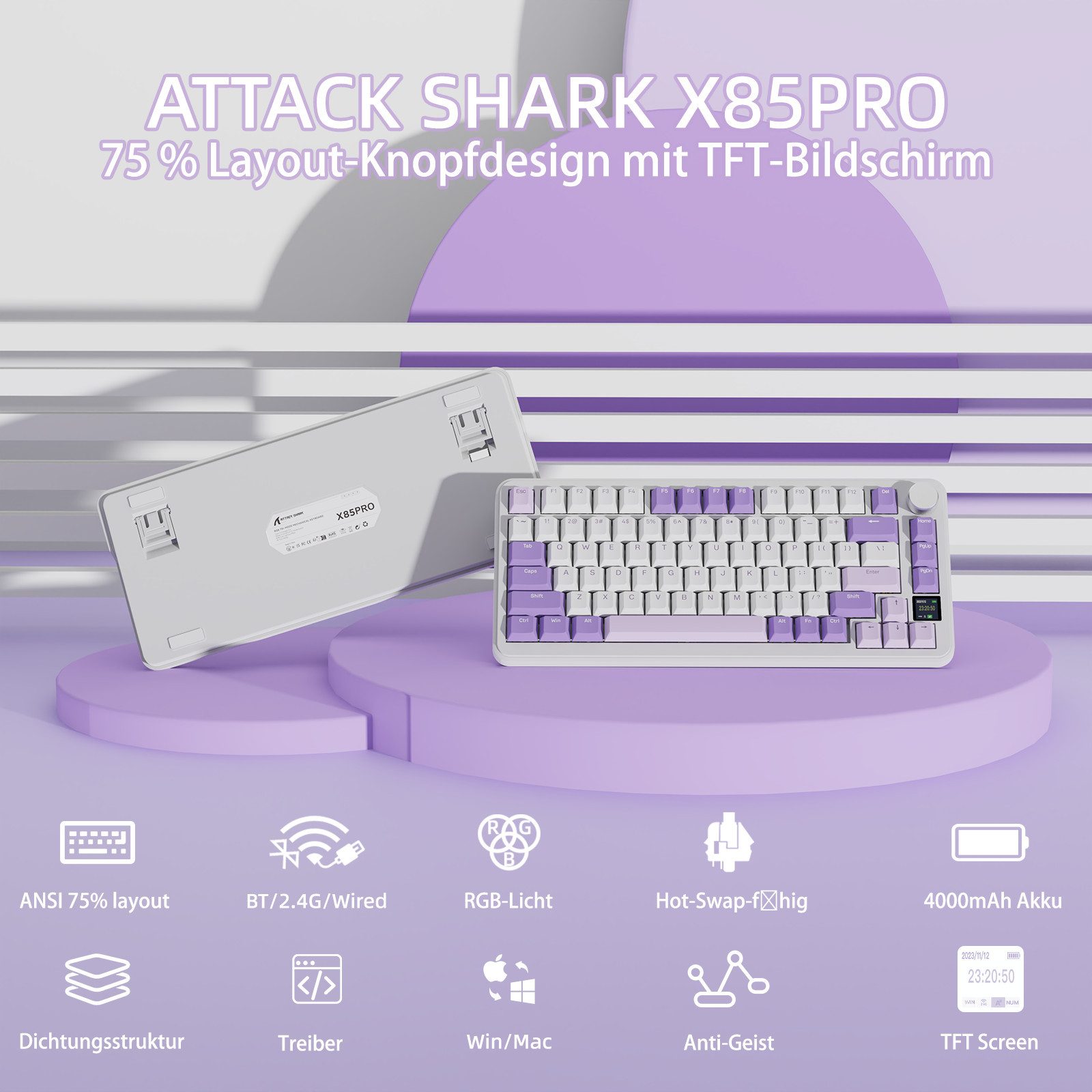 ATTACK SHARK X85PRO Mechanische Tastatur mit drei Modi,TFT-Bildschirm Gaming-Tastatur (75 % CNC-Knopf, 5-lagige Polsterung, Hot-Swap-Linearschalter, RGB)