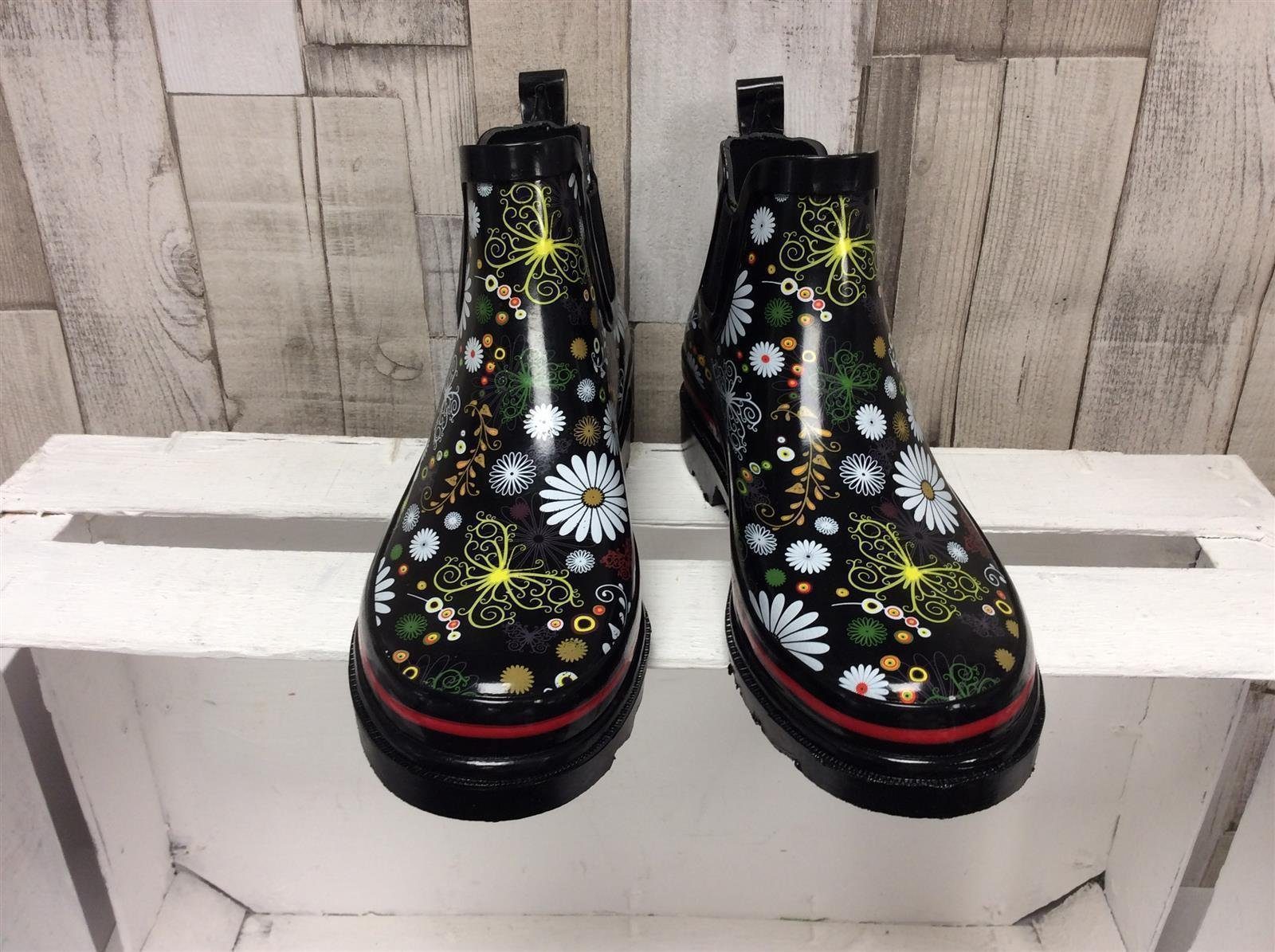 Beck Beck Damen Regenstiefelette schwarz mit bunten Blumen 40 Gummistiefel