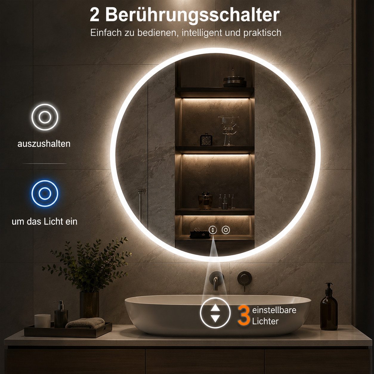 Nagham Ghazal Aswad Badspiegel LED Spiegel 60 Rund, LED Badspiegel rund mit Antibeschlagfunktion und 3 Lichtfarben