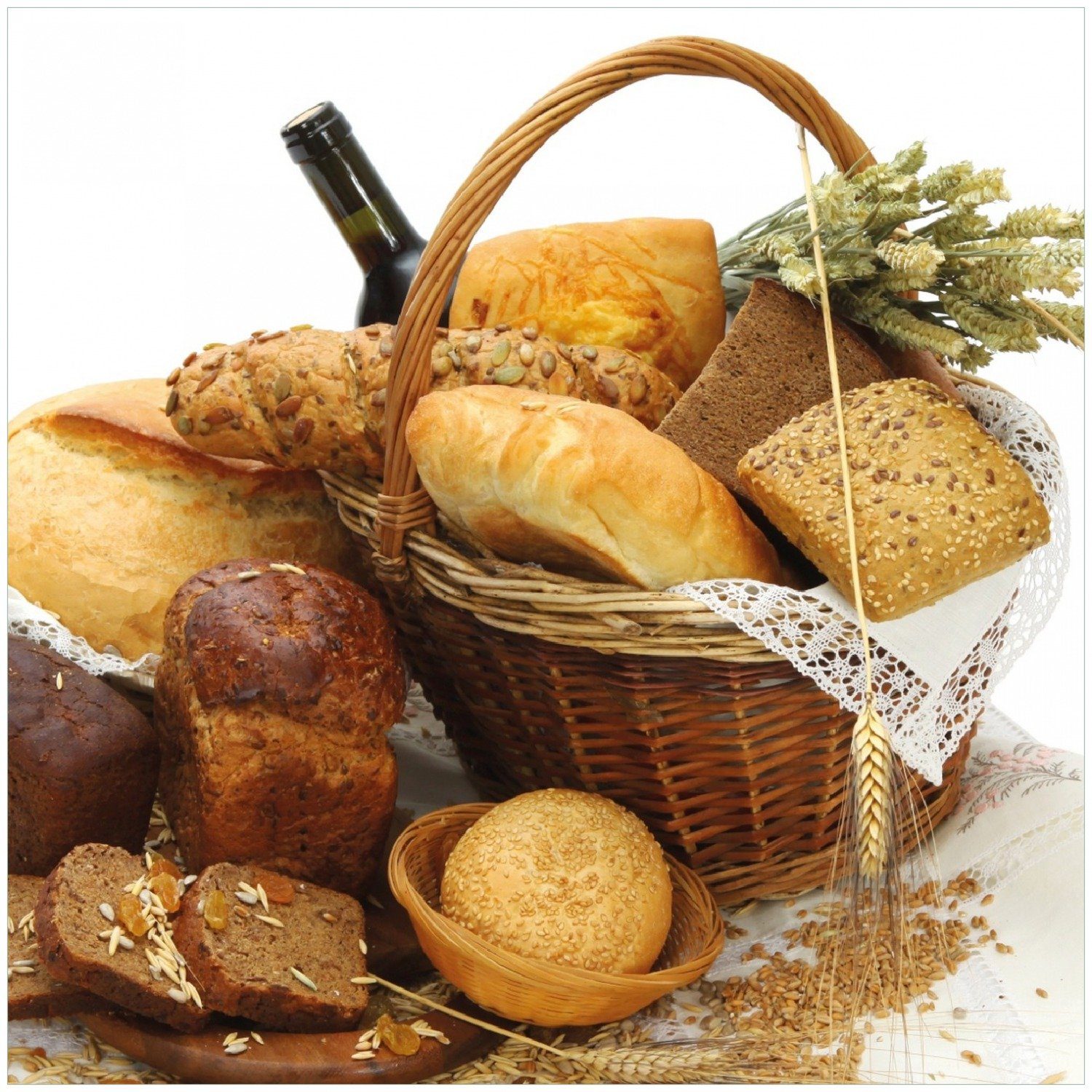 Wallario Memoboard Brot und Brötchen im eleganten Korb - mit Wein und Getreide