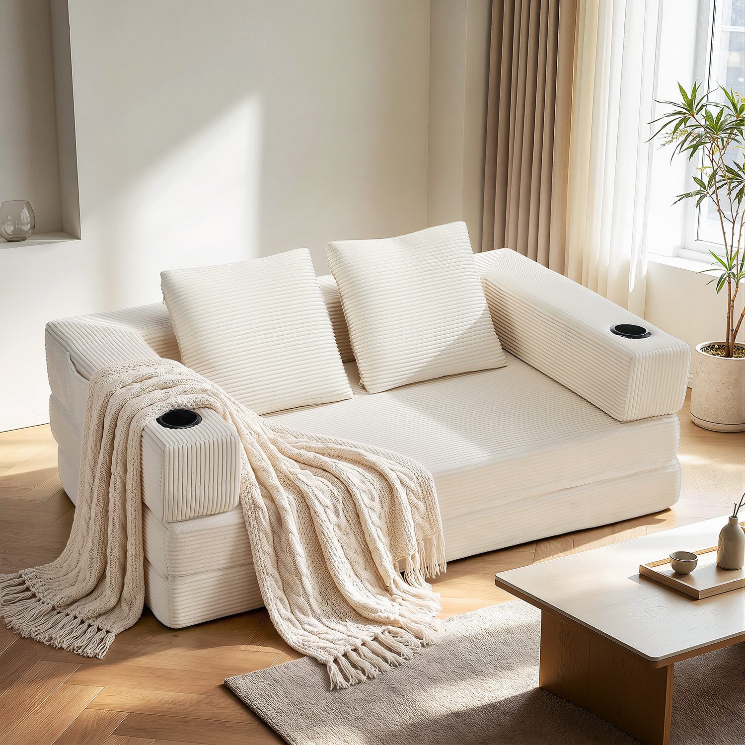 oyajia Schlafsofa Sofa mit Schlaffunktion aus Cord, umwandelbar zum Schlafsofa/-Sessel, Beige, Cordsofa 150 cm breit, 2 Sitzer, kein Aufbau erforderlich, vakuumiert, Boneless Couch, Klappsofabett für Wohn/Arbeits/Schlafzimmer