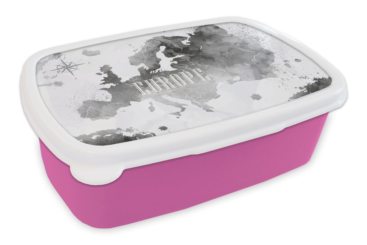 MuchoWow Lunchbox Aquarell - Weltkarte - Schwarz, Kunststoff, (2-tlg), Brotbox für Erwachsene, Brotdose Kinder, Snackbox, Mädchen, Kunststoff rosa