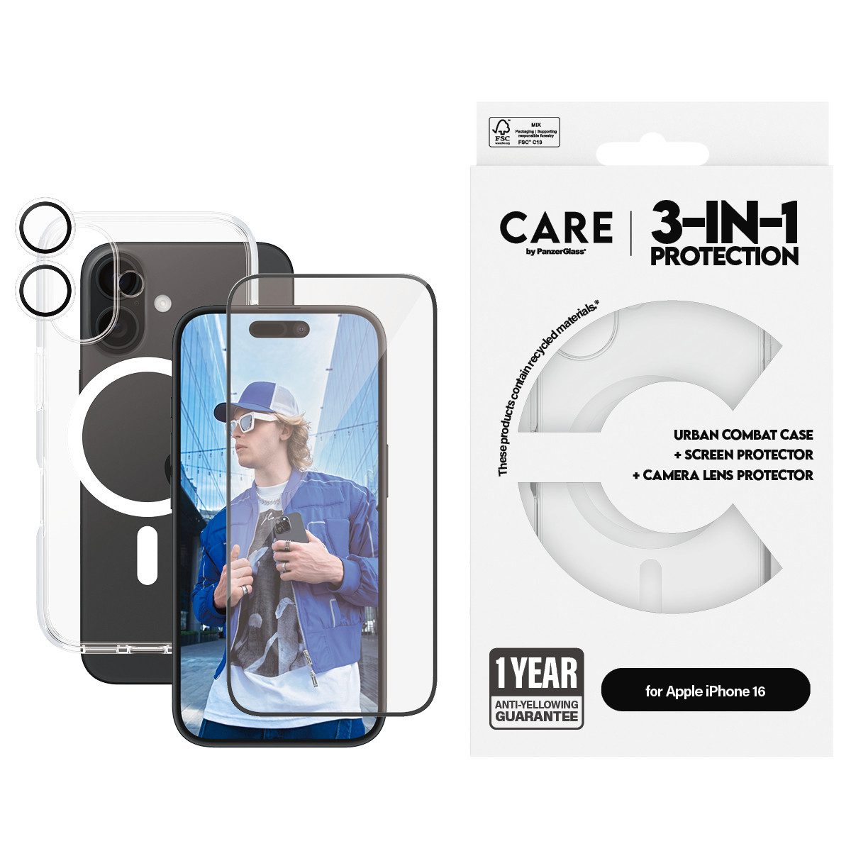 CARE by PanzerGlass Handyhülle Flagship 3-in-1 für Apple iPhone 16, Backcover, Schutzhülle, Handyschutzhülle, Case, Schutzcase, stoßfest