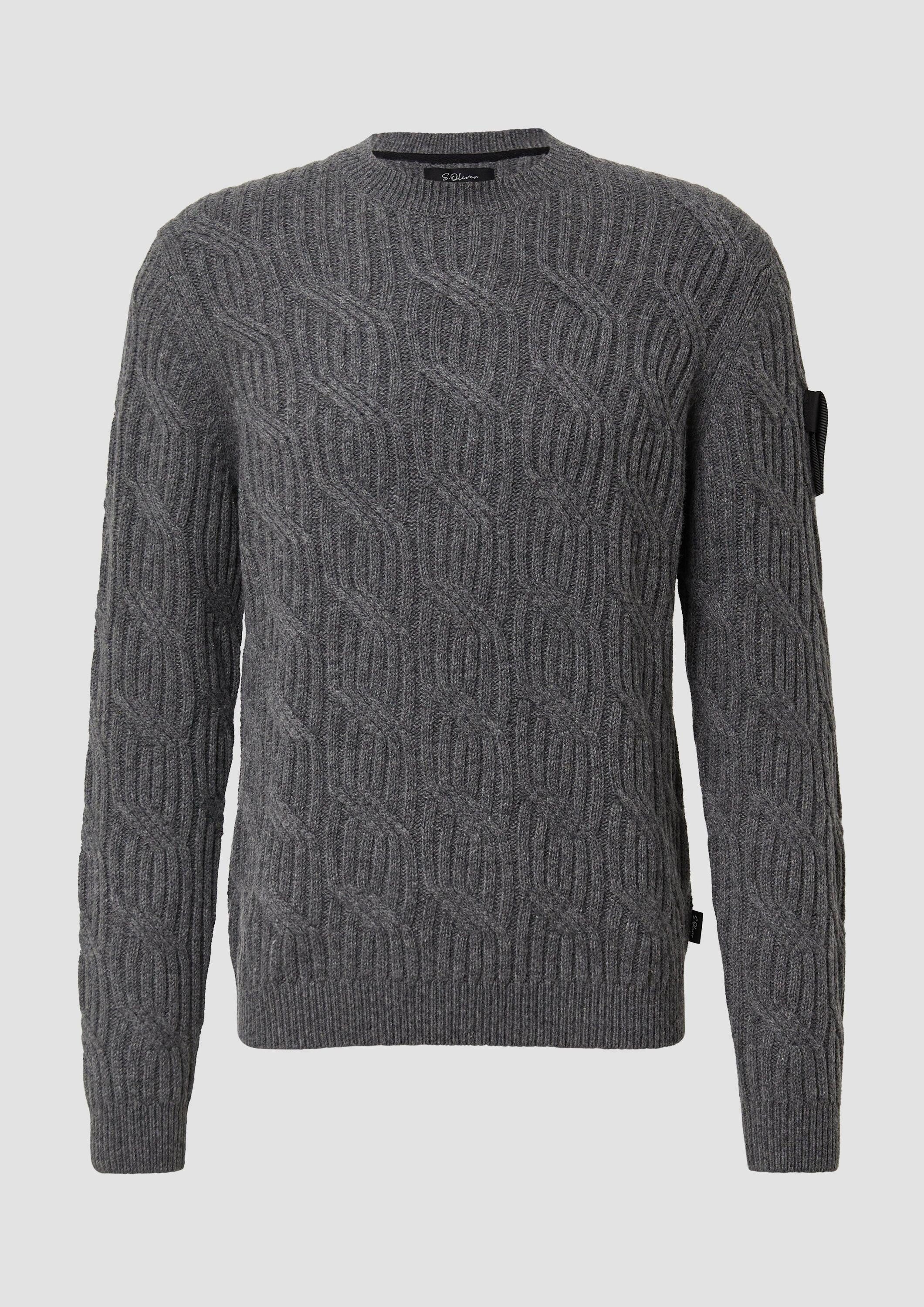 s.Oliver Longpullover Strickpullover Strickpullover aus 100% Wolle mit Zopfmuster und Ärmel-Patch