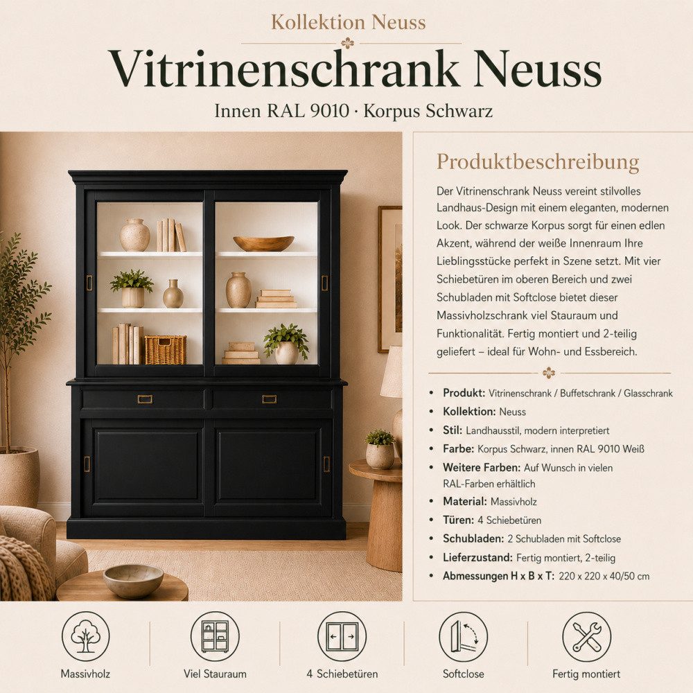 Wohnpalast Vitrine Landhaus Vitrinenschrank Neuss 220 cm Schwarz -Weiß Buffetschrank