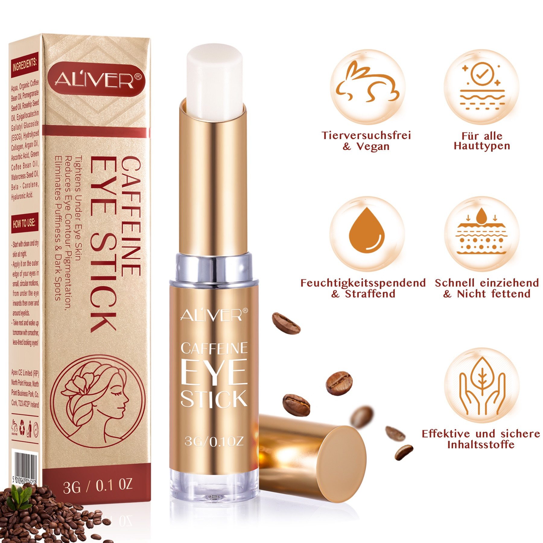 ALIVER Anti-Aging-Augencreme Augenstift Augenringe mit Kollagen Hyaluronsäure Koffein, 1-tlg., Augencreme