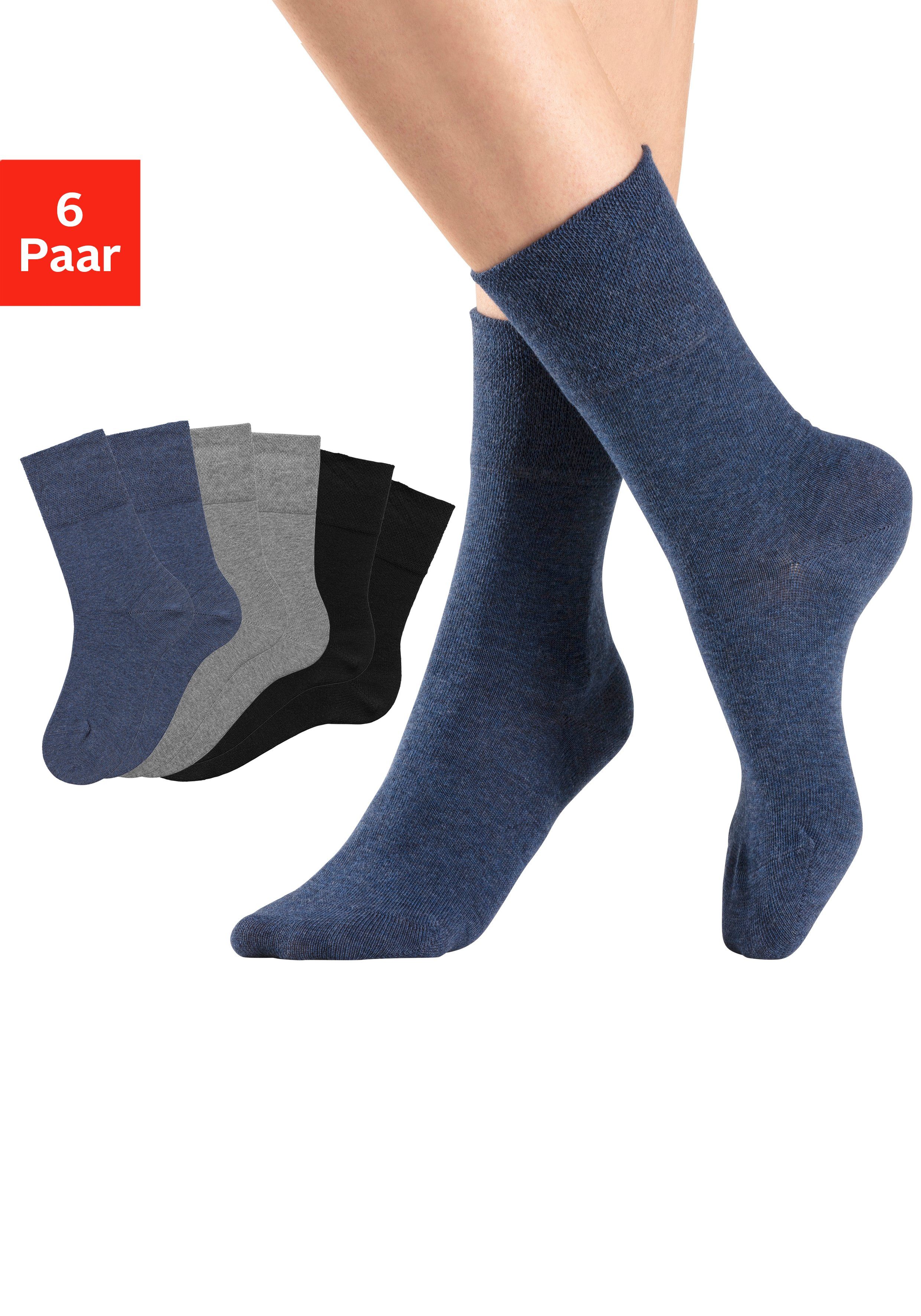 H.I.S Socken (Set, 6-Paar) mit Komfortbund auch für Diabetiker geeignet 2x jeans, 2x schwarz, 2x grau-meliert