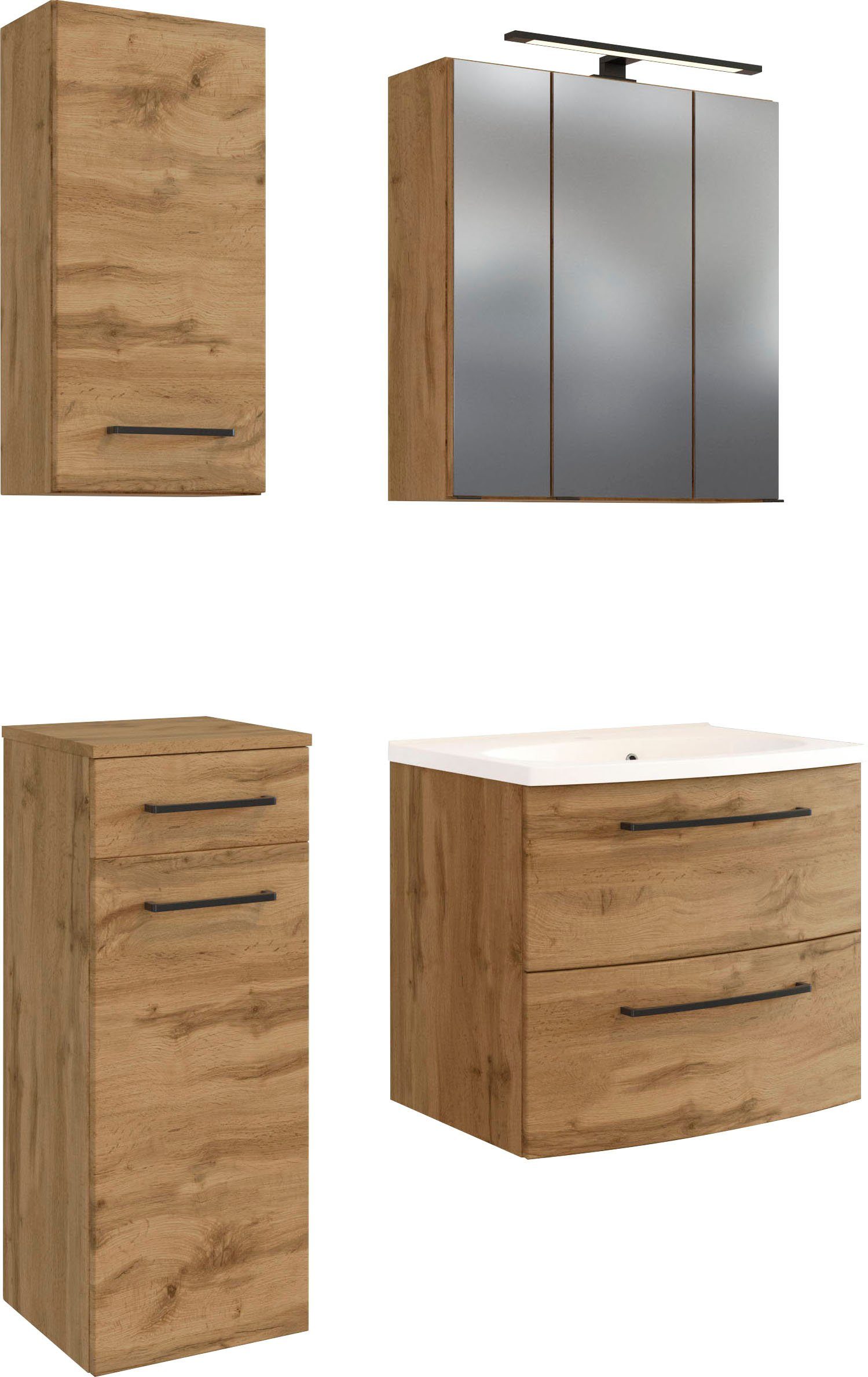 welltime Badmöbel-Set Chicago, (4-St., Spiegelschrank, Waschtisch, Hängeschrank, Unterschrank)