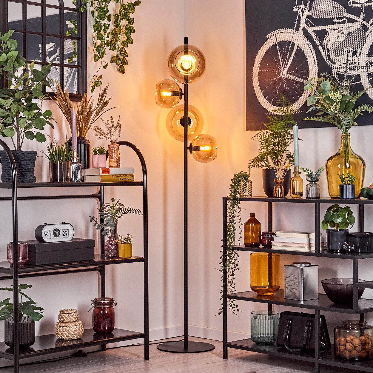 hofstein Stehlampe Stehlampe aus Metall/Glas in Schwarz/Bernsteinfarben mit Fußschalter, ohne Leuchtmittel, Stehleuchte im Retro/Vintage-Design mit Glasschirmen (15; 20cm), E14
