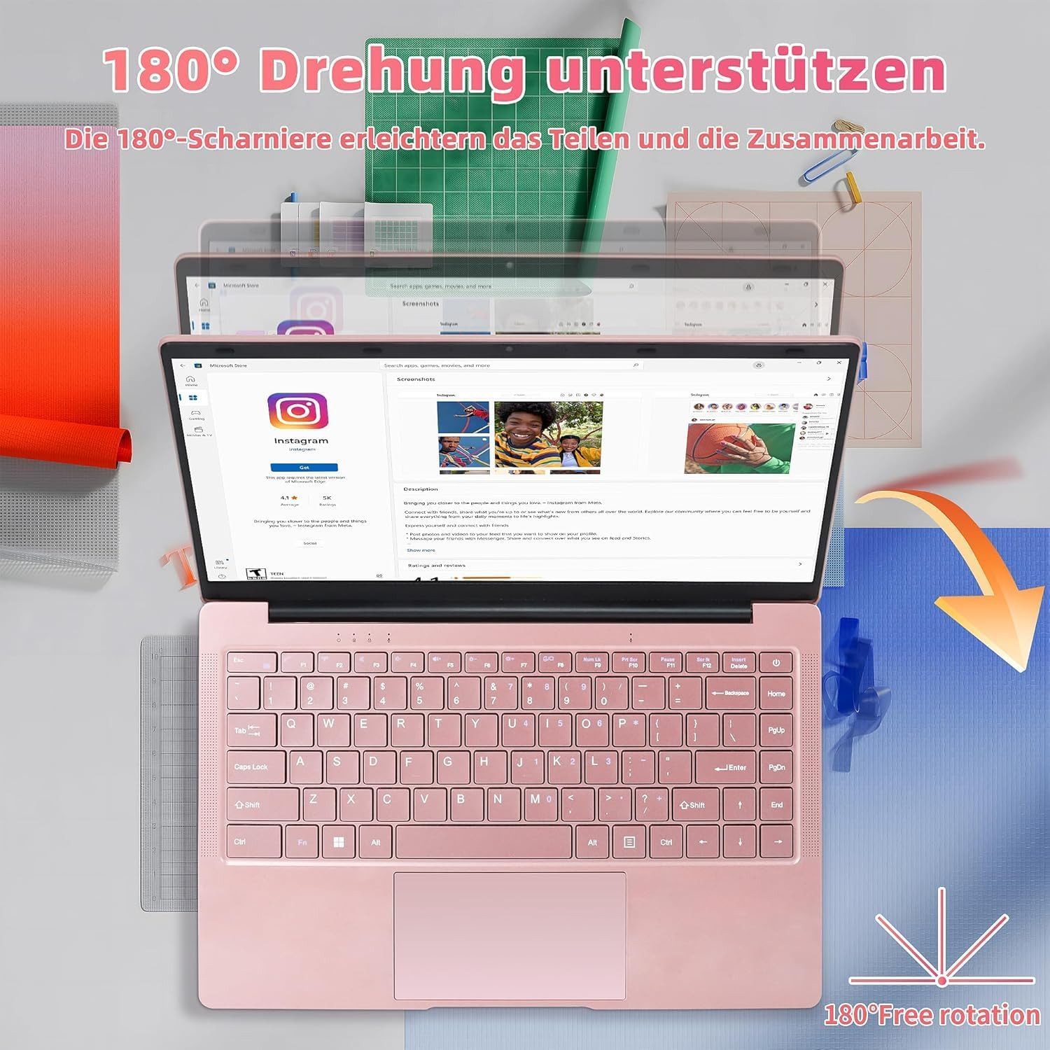 Rumtuk 14 Zoll Roségold Laptop, ultraleichtes und tragbares Notebook (35,56 cm/14 Zoll, Intel Celeron J4105, Intel Iris Xe, 8 GB, 128 GB SSD, FHD Display, 180° Scharnier, Webcam, TF-Kartensteckplatz)