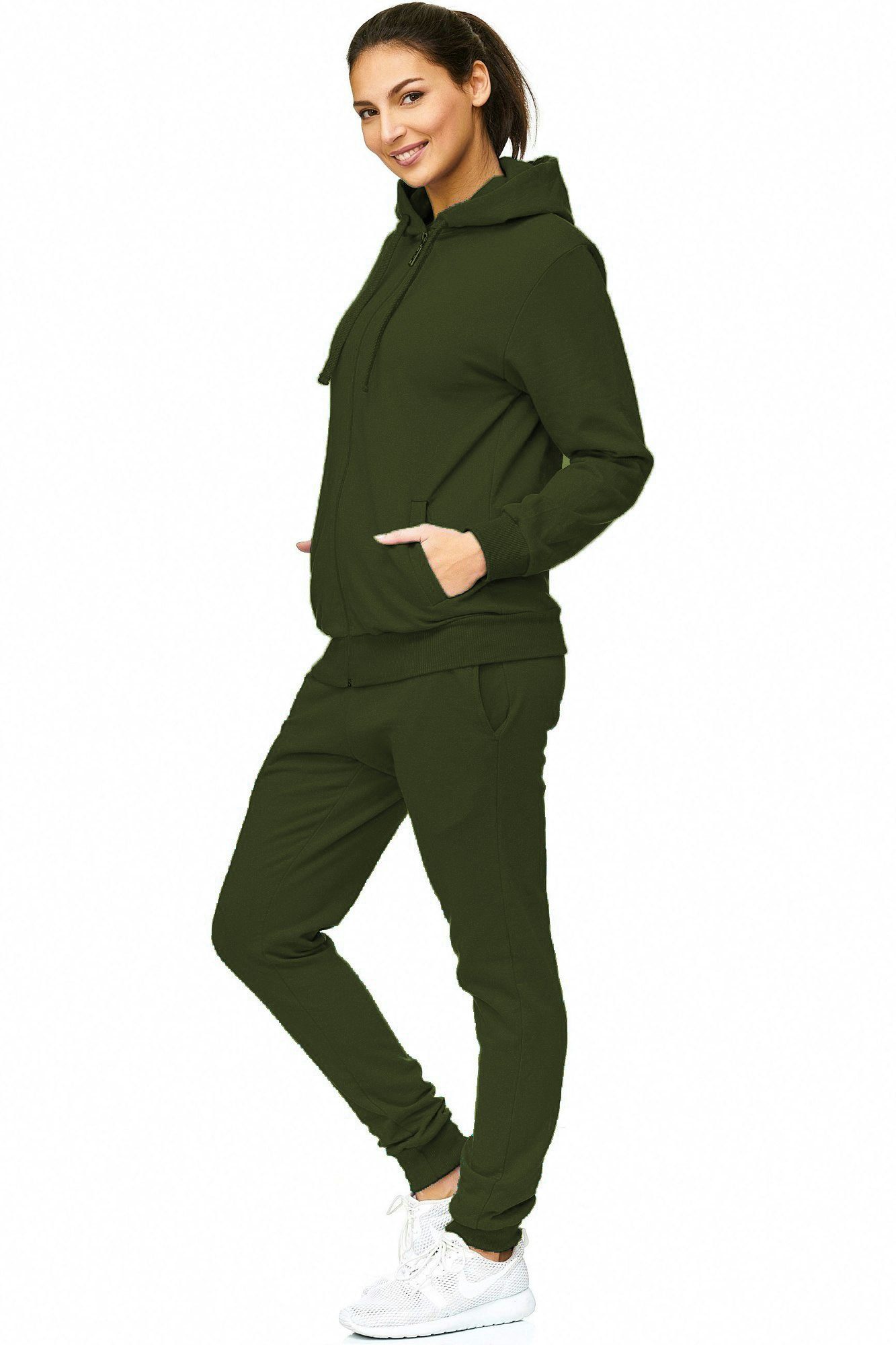 L.gonline Freizeitanzug Damen Jogginganzug einfarbig 100% Baumwolle 586 Oliv 3XL (Kapuzenjacke mit Reißverschluss, Hose, 2-tlg), Fitness Freizeit Casual – Bild 3 von 5