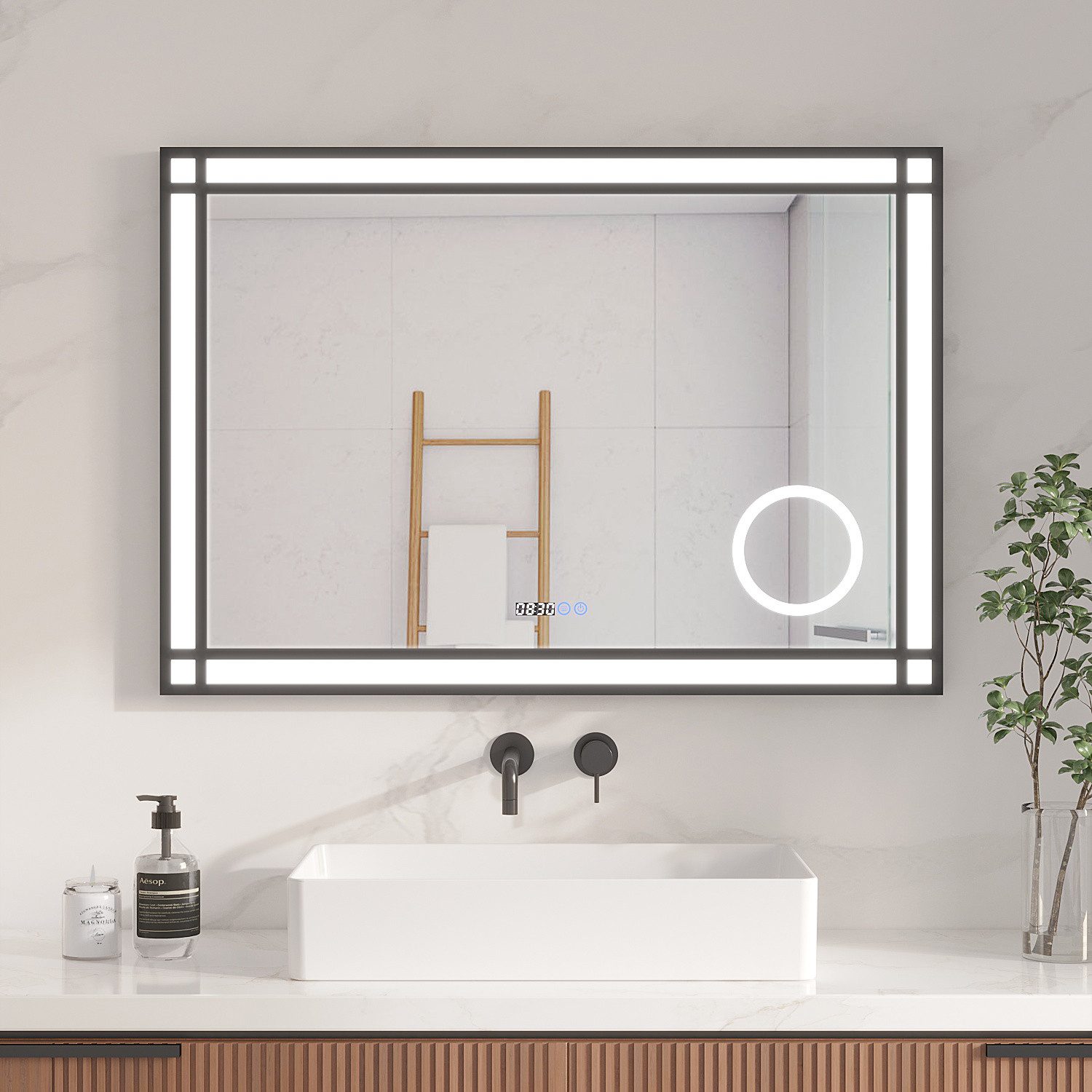 AQUALAVOS Badspiegel Wandspiegel mit Beleuchtung Digitaluhr Vergrößerung Schminkspiegel, 100 x 70 x 3,3 cm Beschlagfrei kaltweiß 6400K Dimmer Memory-Funktion