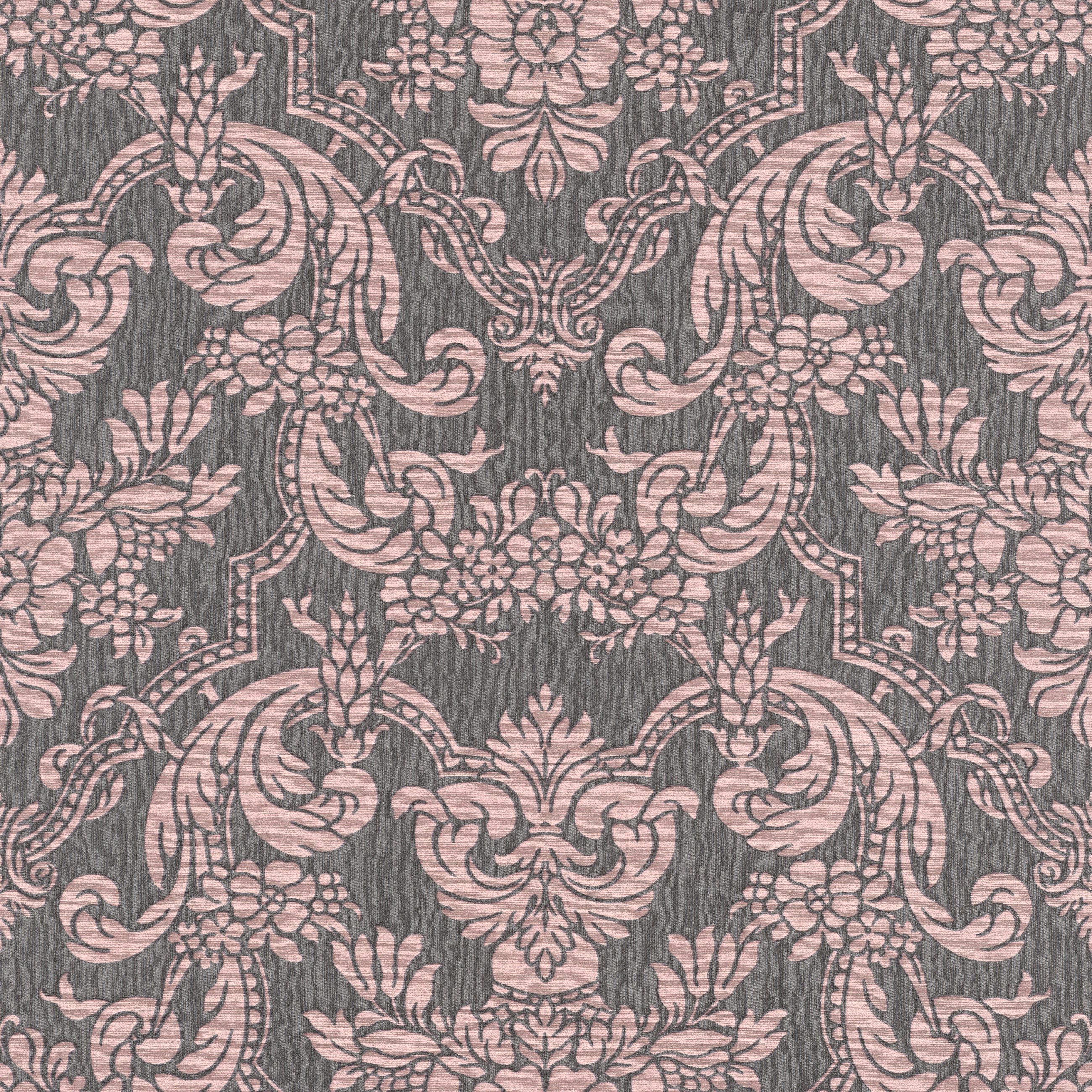 Rasch Vliestapete Barock - Vinyltapete Grau Rosa, Textiloptik, (1 Rolle, 1 St., 10,05 m x 0,53 m), gute Lichtbeständigkeit, feucht abwischbar, restlos abziehbar