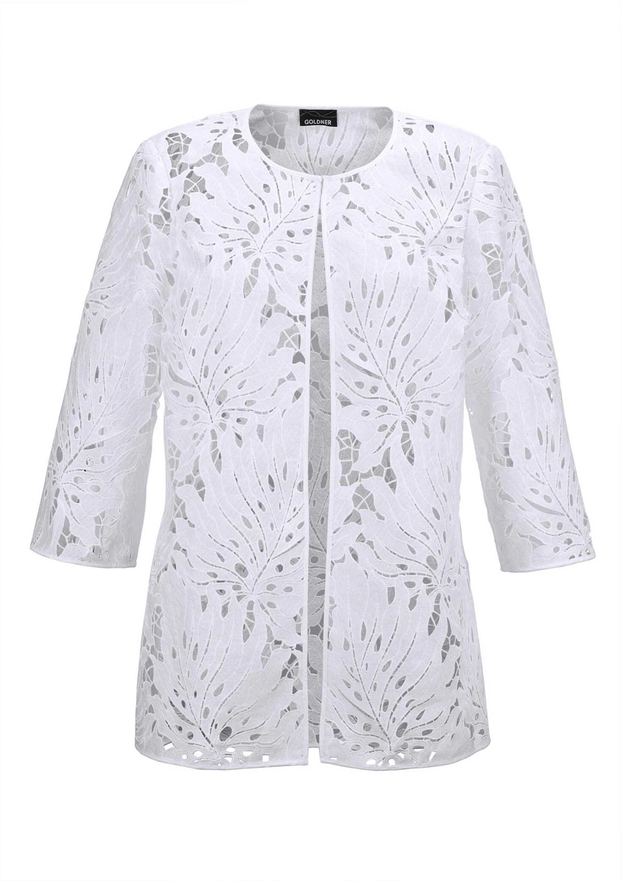 GOLDNER Jerseyblazer Kurzgröße: Weiße Jacke mit Blätterdessin Figurnahes Damenjäckchen, floral, 3/4-Arm, offen
