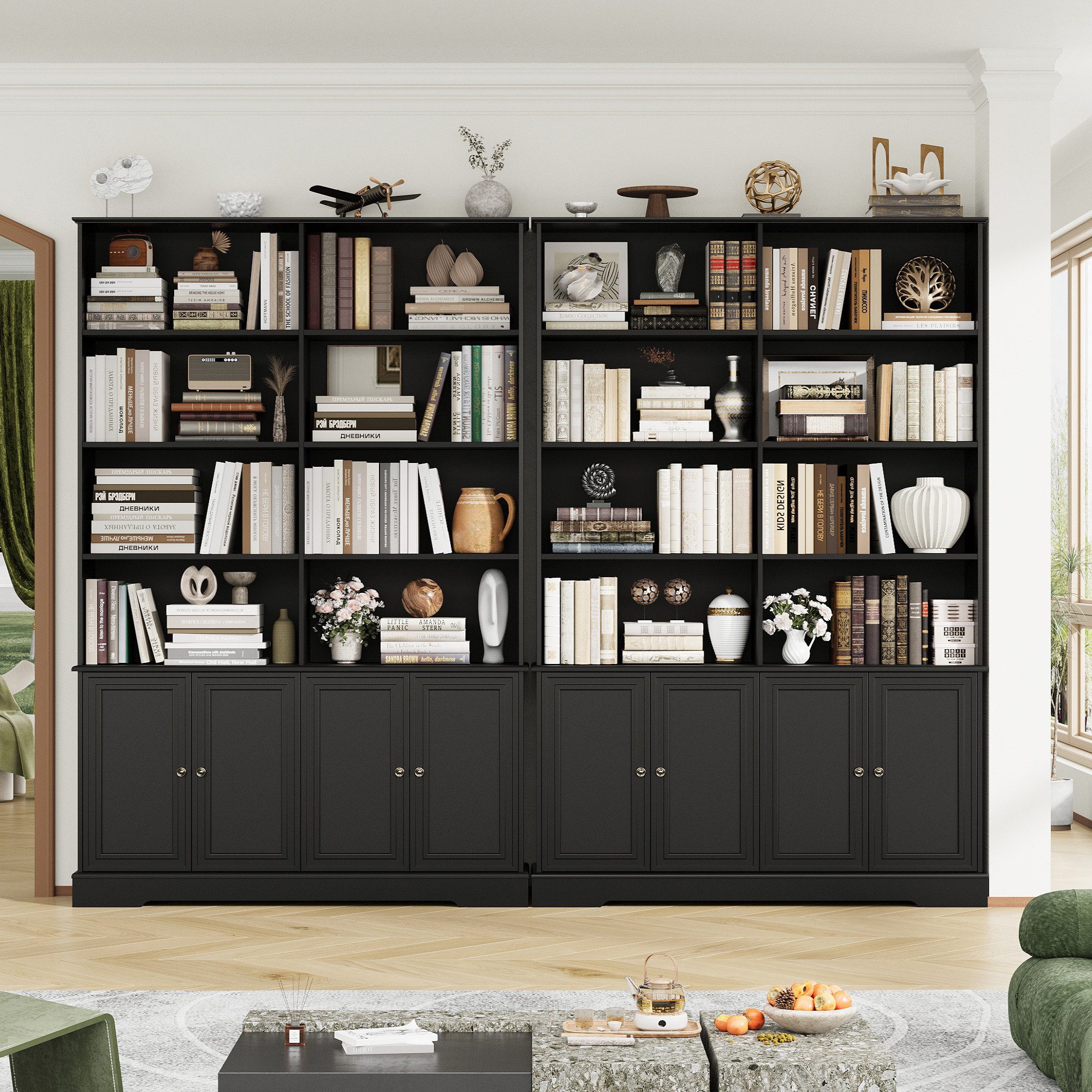 Homfa Bücherregal 185 cm hohes Bücherschrank Standregal Büroregal, Bücherregal mit 4 Türen 8 offenen Fächern Büroregal Holz 185x120x27cm