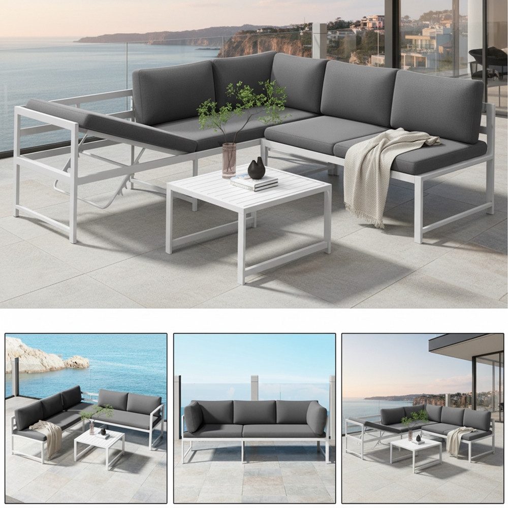 Mucola Gartenlounge-Set Ecklounge mit Liegefunktion Aluminium Sitzgruppe wetterfest Weiß, (Set, 3-tlg., 2 Sofa, 1 Tisch, 11 Auflagen), Liegefunktion durch verstellbare Rückenlehne