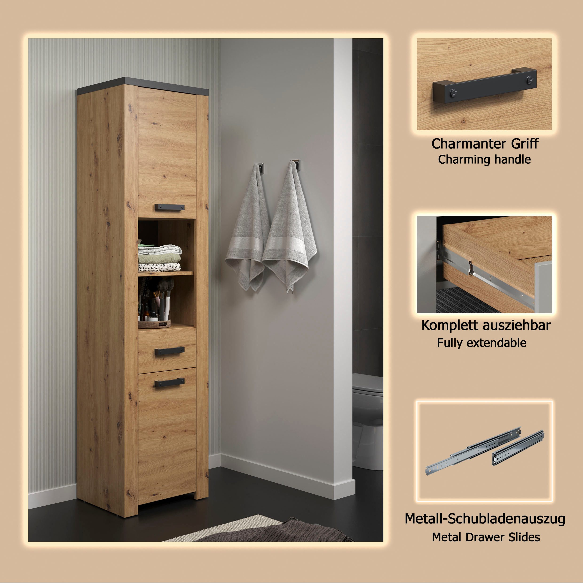 welltime Hochschrank Ambres (1-St) Hochschrank mit Soft-Close Funktion - (B/T/H) 53/35/196 cm