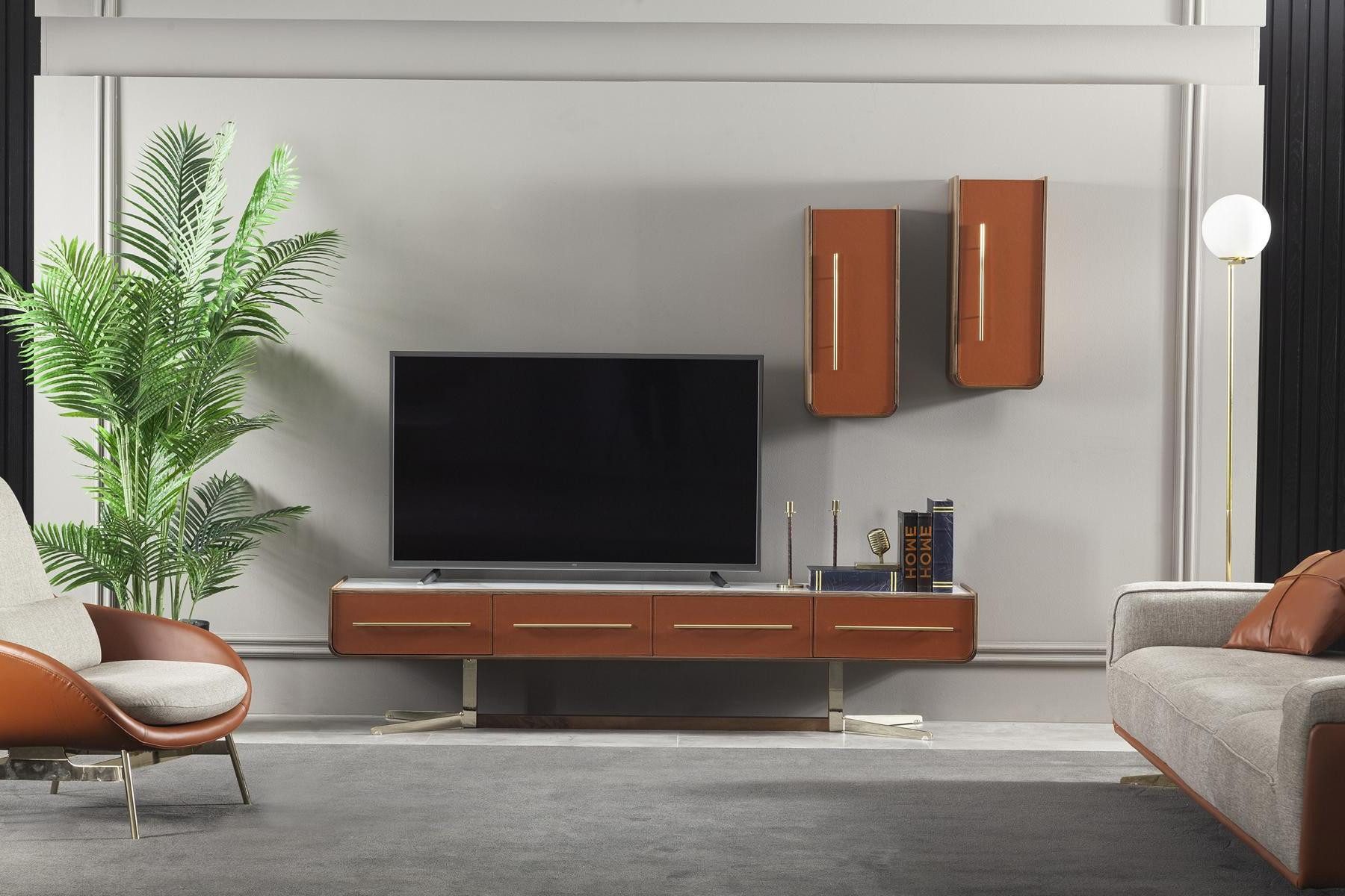 Xlmoebel Wohnwand TV-Media-Wand in Orange mit Edelstahl für modernes Wohnen, (Wohnwand), Hergestellt in Europa