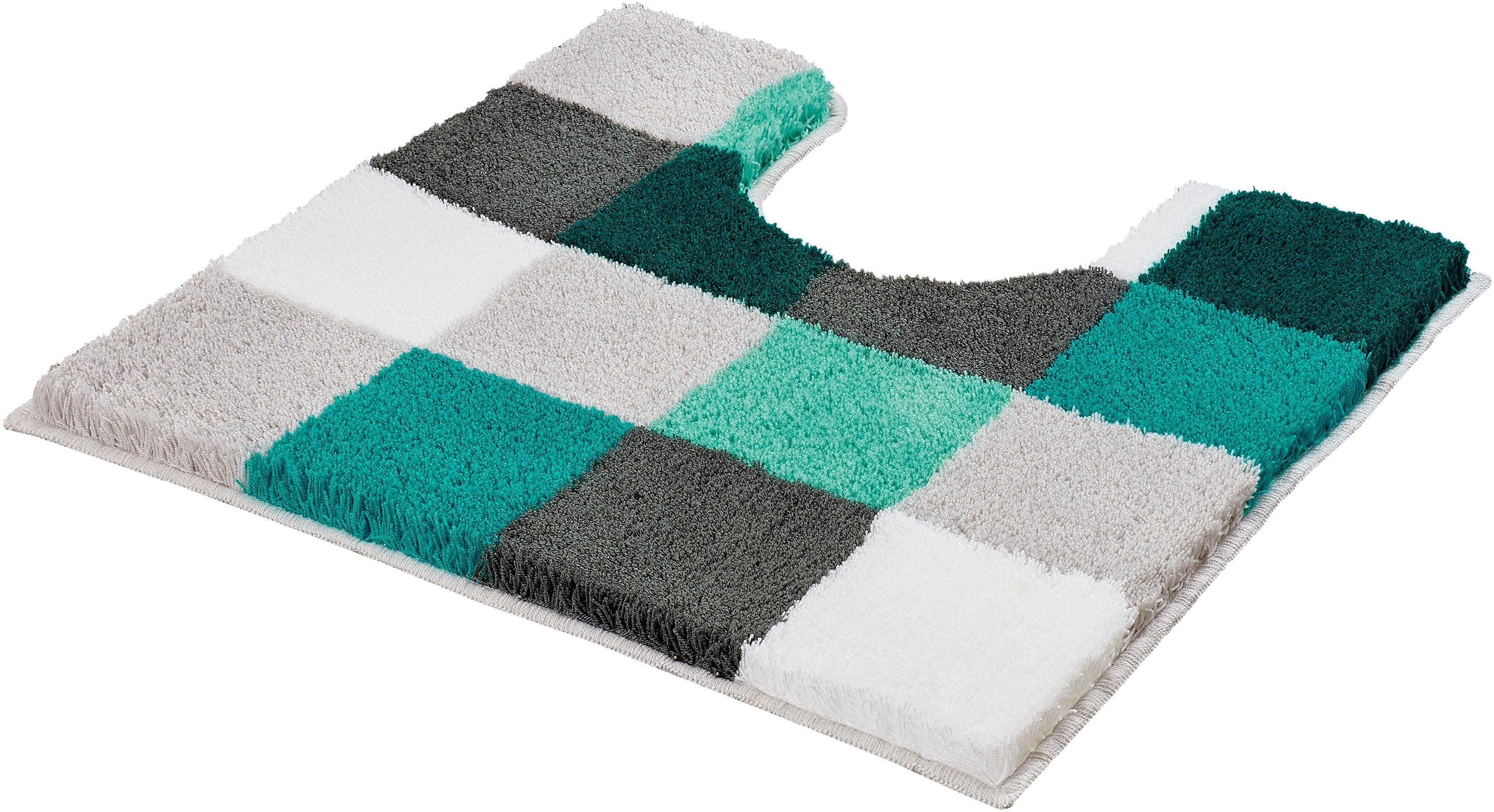 Kleine Wolke Badematte Caro, Badvorleger, Badezimmer Teppich, Höhe 25 mm, rutschhemmend beschichtet, fußbodenheizungsgeeignet, Kunstfaser, quadratisch, WC Vorleger mit Ausschnitt, Badteppich, modernes Karo-Muster, Pastell-Farben, waschbar