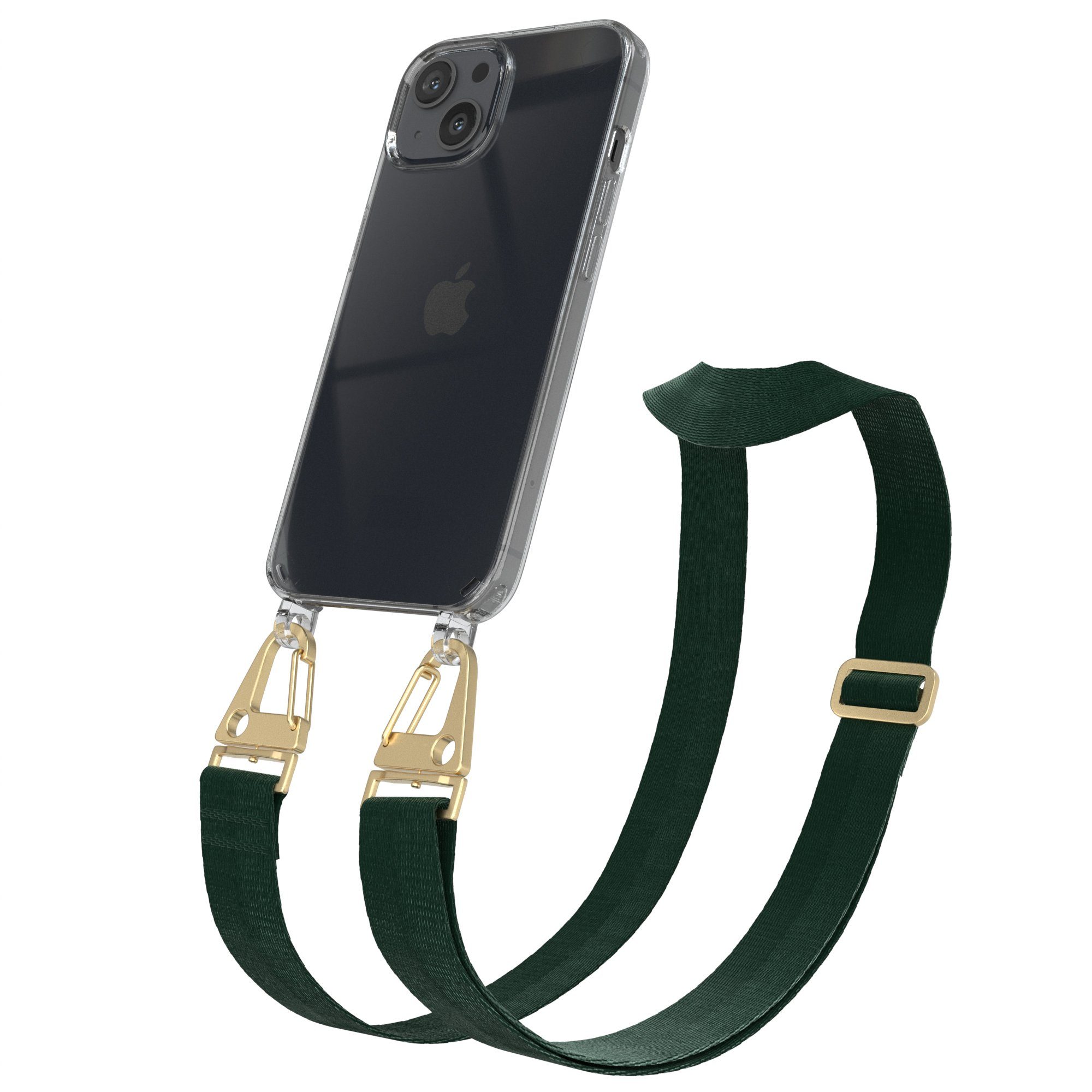 EAZY CASE Handykette Silikon Kette Karabiner für Apple iPhone 13 6,1 Zoll, Handytasche durchsichtige Silikon Hülle mit breitem Umhängeband Grün