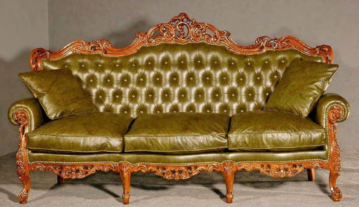 Casa Padrino Sofa Luxus Barock Leder Sofa Grün / Braun - Prunkvolles Wohnzimmer Sofa mit hochwertigem Echtleder - Barock Wohnzimmer & Hotel Möbel - Luxus Qualität - Made in Italy