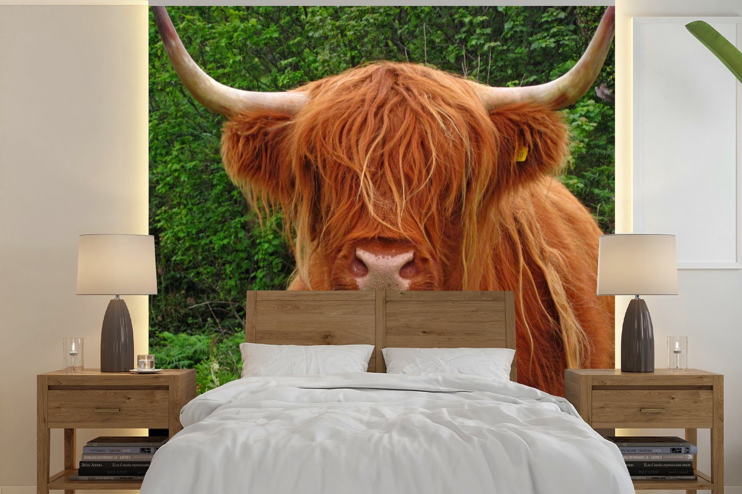 MuchoWow Fototapete Schottischer Highlander - Kuh - Gras, Matt, bedruckt, (4 St), Vliestapete für Wohnzimmer Schlafzimmer Küche, Fototapete