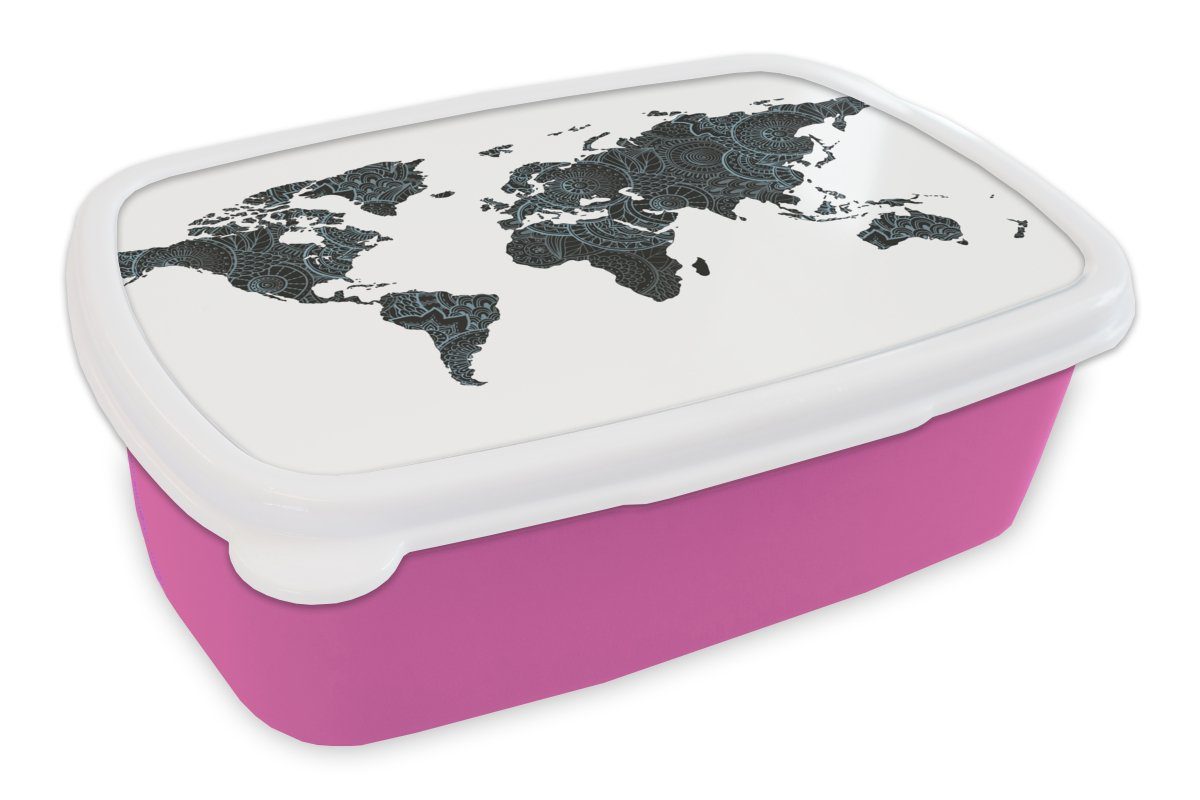 MuchoWow Lunchbox Weltkarte - Mandala - Blau - Kind - Junge - Mädchen, Kunststoff, (2-tlg), Brotbox für Erwachsene, Brotdose Kinder, Snackbox, Mädchen, Kunststoff rosa