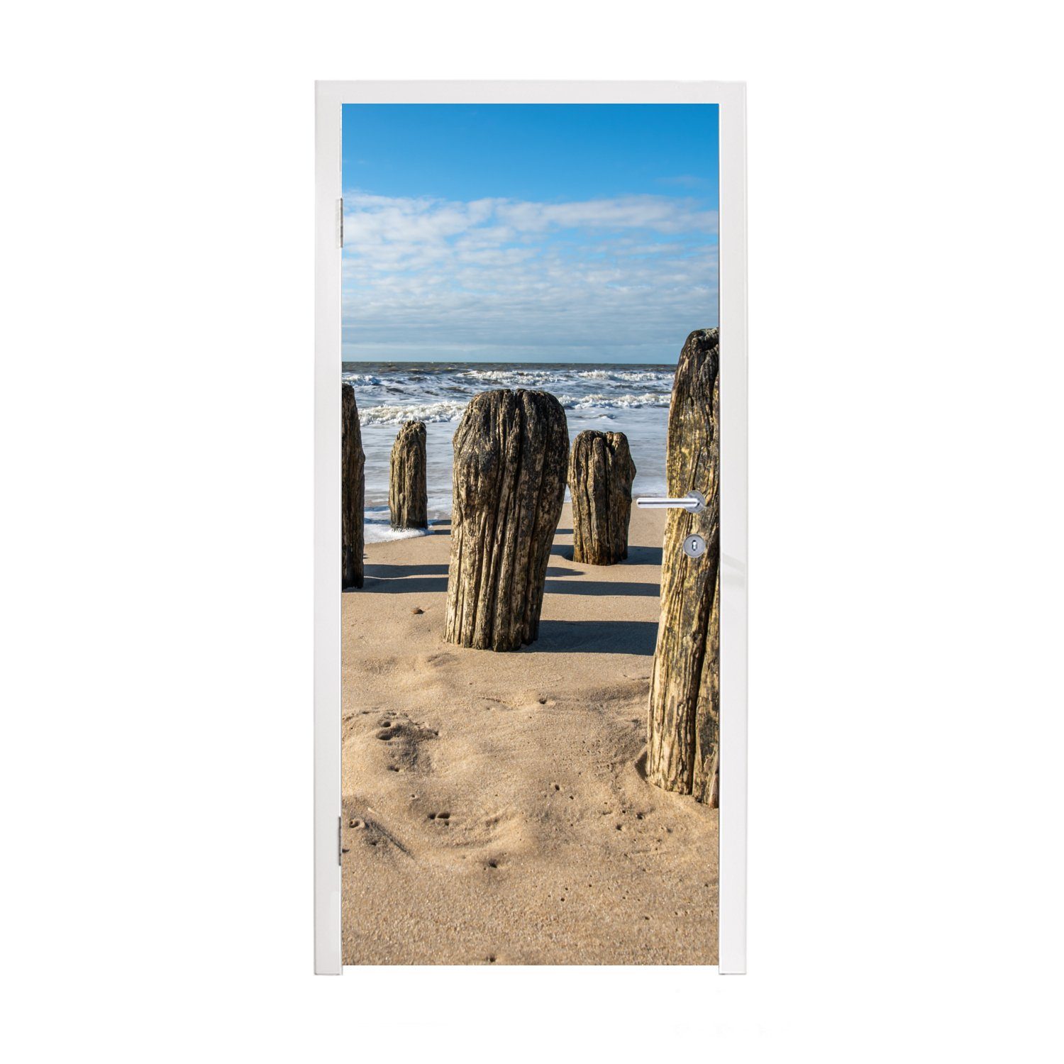 MuchoWow Türtapete Sand - Strand - Pfahl - Wasser - Sommer, Matt, bedruckt, (1 St), Fototapete für Tür, Türaufkleber, 75x205 cm