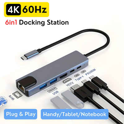 S&T Design Laptop-Dockingstation USB C Dockingstation Aluminium USB-C Hub DOC LAN Anschluss, (Nintendo Switch, USB-Verteiler 8 in 1 Multiport), 4K@60Hz HDMI 100W PD USB 3.0 SD TF Kartenleser Handy Tablet Notebook