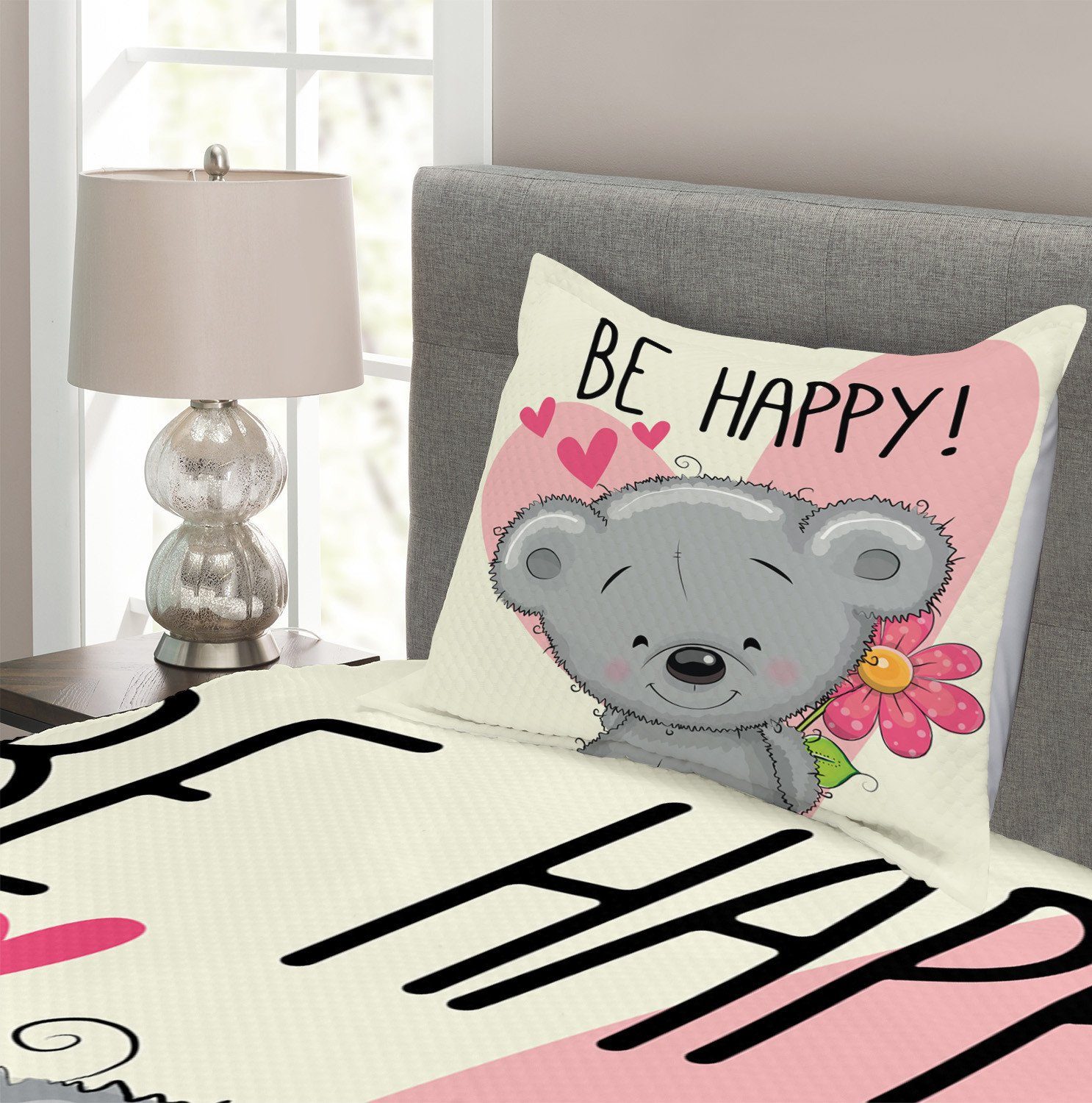 Sei Teddybär glücklich Blume Waschbar, Tagesdecke mit Kissenbezügen Cartoon Abakuhaus, Set