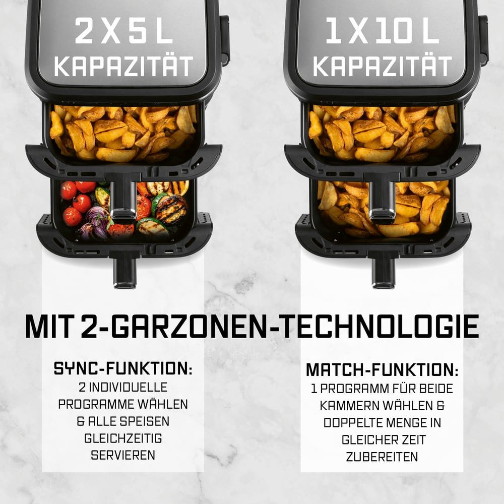 GOURMETmaxx Heißluftfritteuse FryUp Vertikale Doppelkammer-Heißluftfritteuse, 10 l - Touchscreen, Sichtfenster, 2800 W, Power von 2 Fritteusen in einem mit Sichtfenster 12 Programme