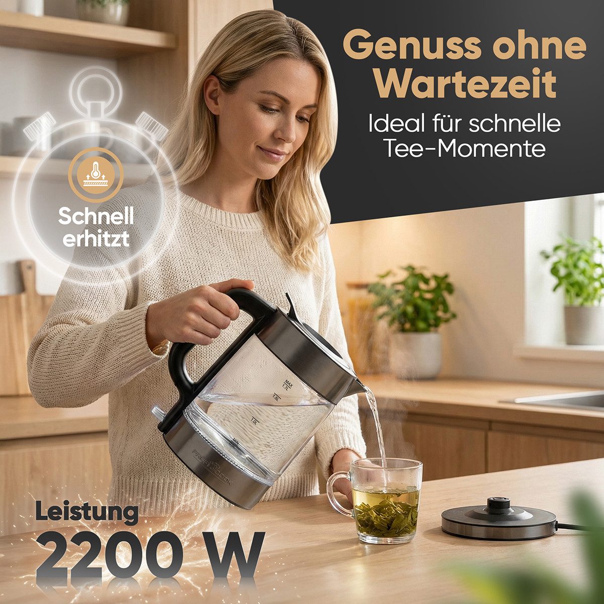 ProfiCook Wasserkocher PC-WKS 1322 G, Wasserkocher Glas, 1,7L, 2200W, BPA frei